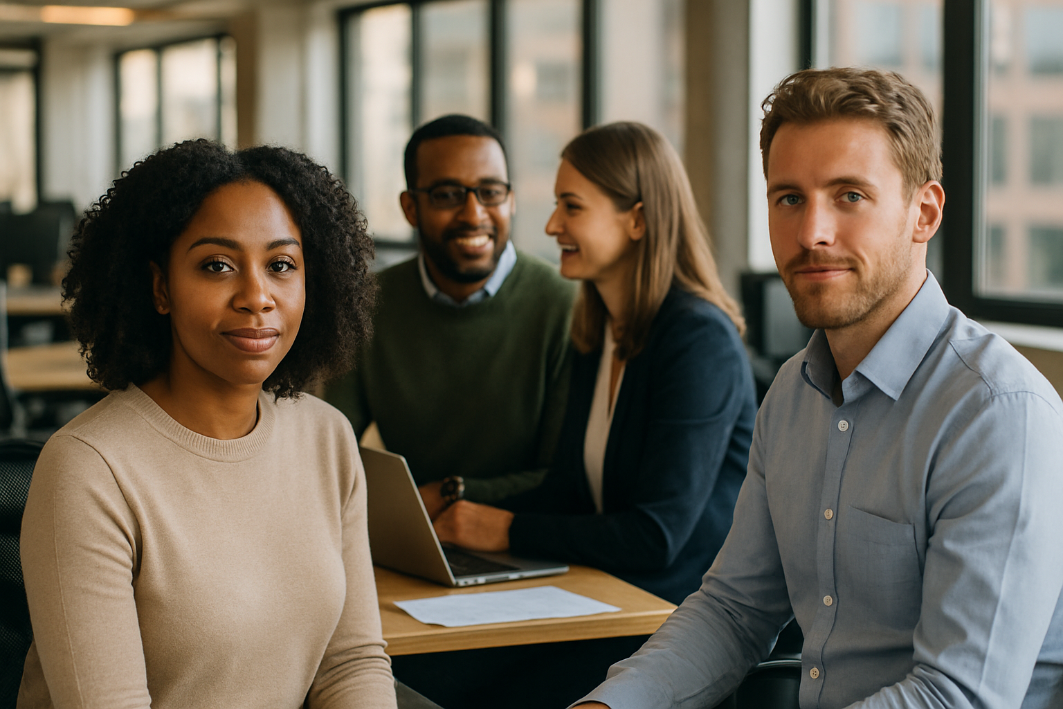 British professionals in a modern office discussing Aptitude test UK