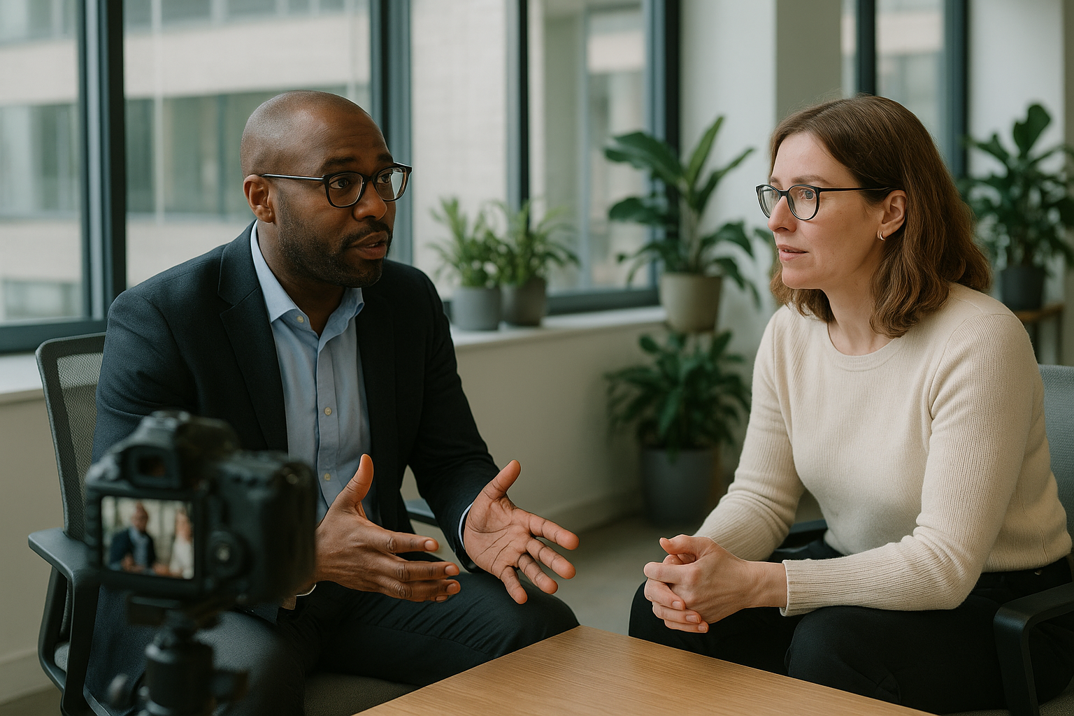 Two UK professionals discussing career next steps for Aptitude test UK