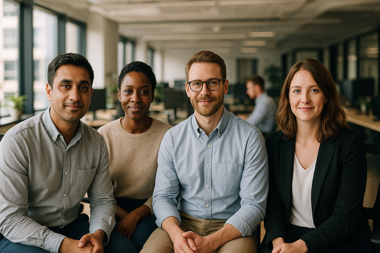 British professionals in a modern office discussing interview question bank UK