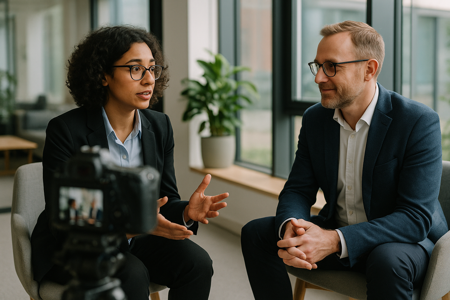 Two UK professionals discussing career next steps for interview question bank UK