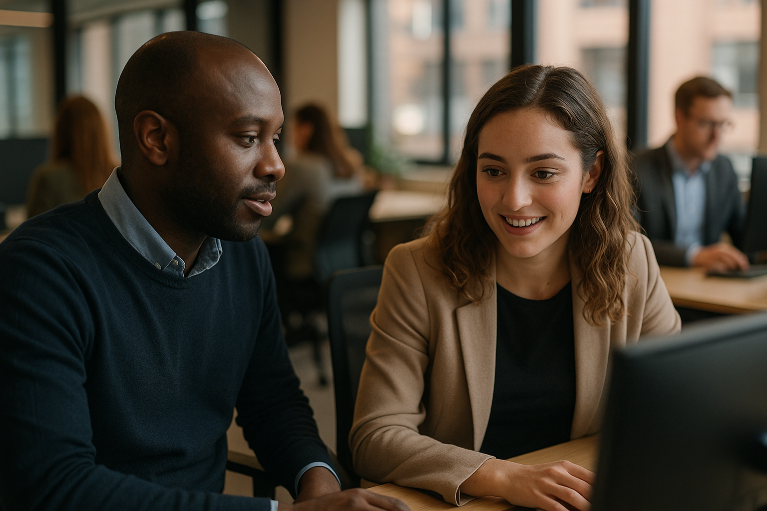 British professionals in a modern office discussing work shadowing