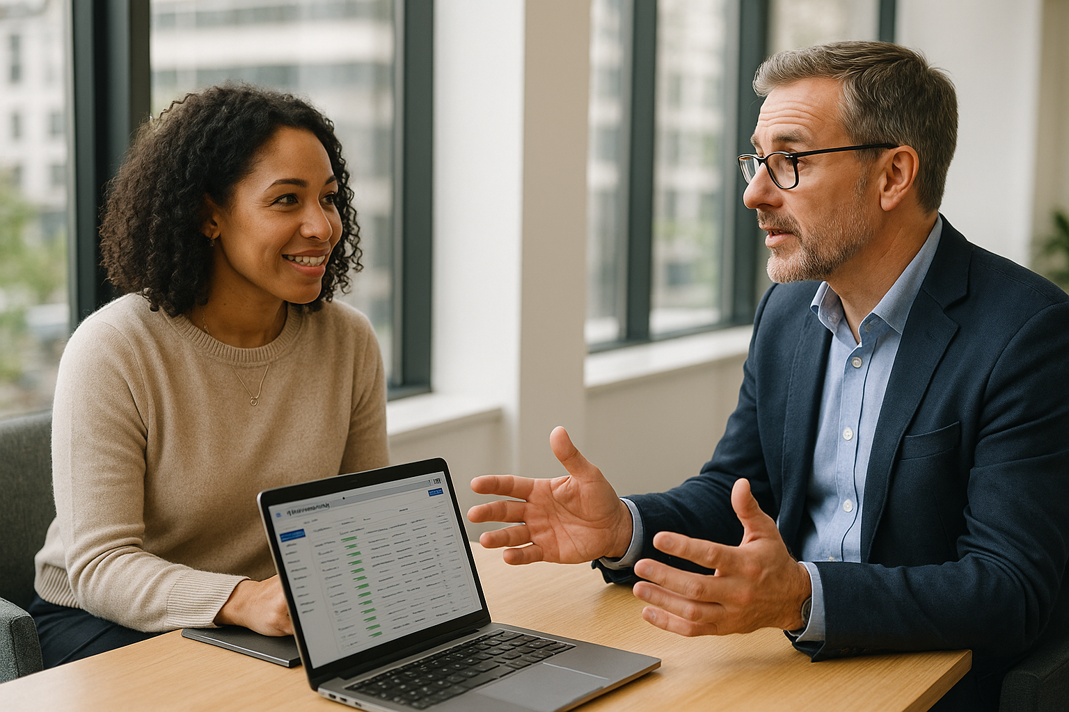 Two UK professionals discussing career next steps for work shadowing