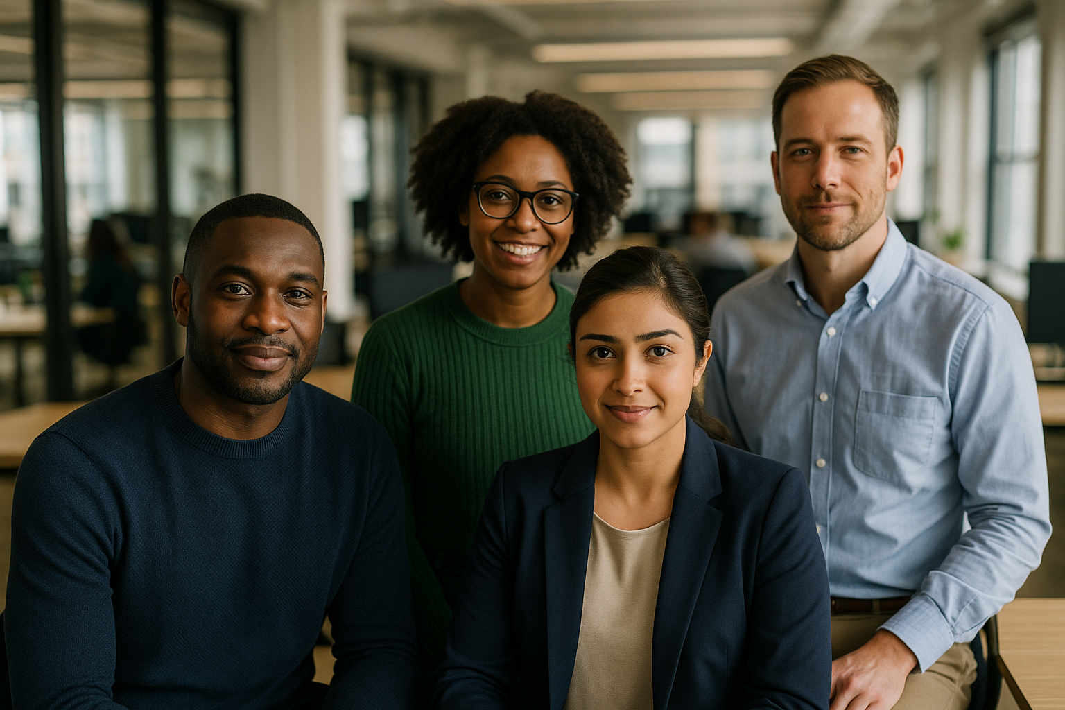 British professionals in a modern office discussing ACCA qualification UK