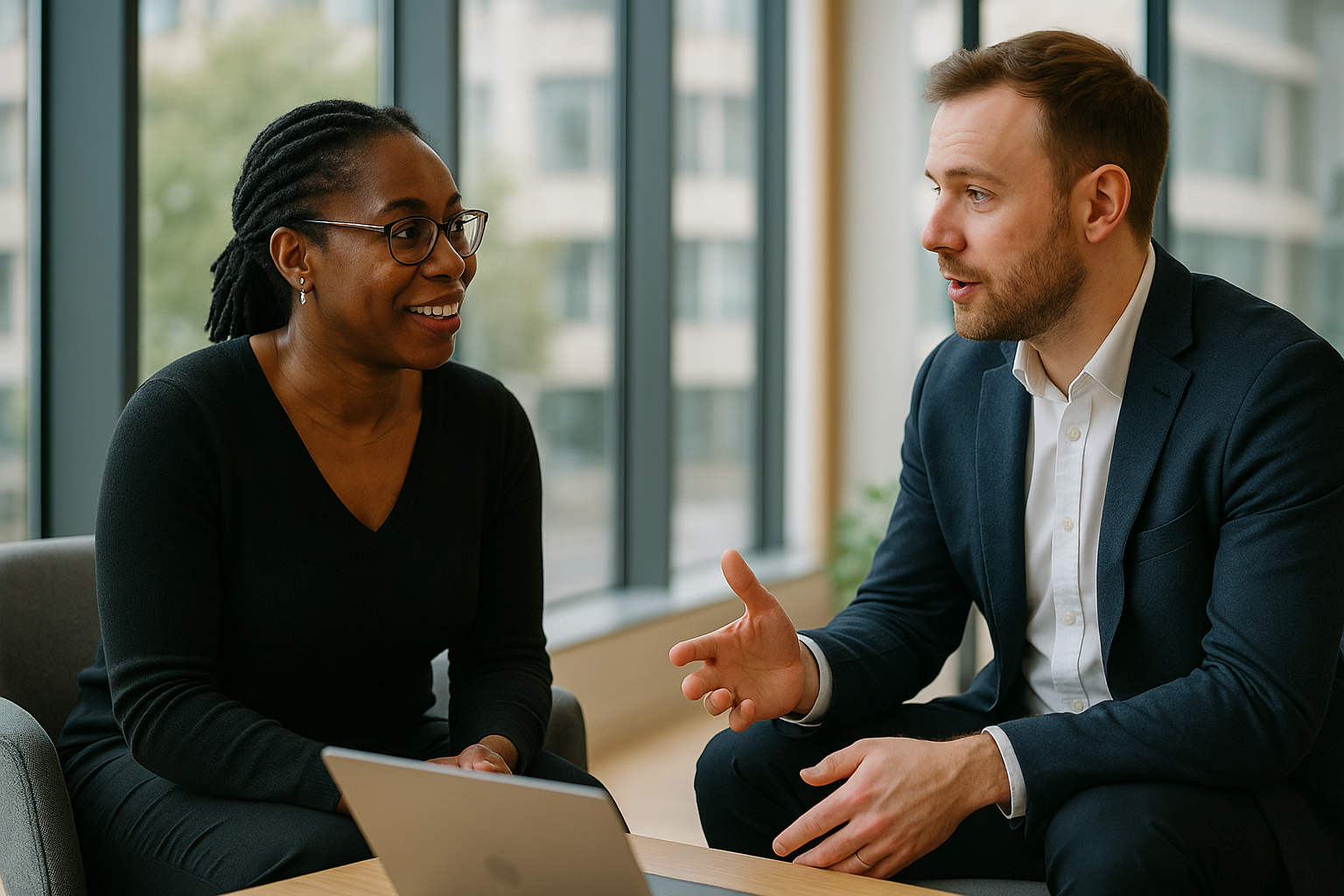Two UK professionals discussing career next steps for ACCA qualification UK