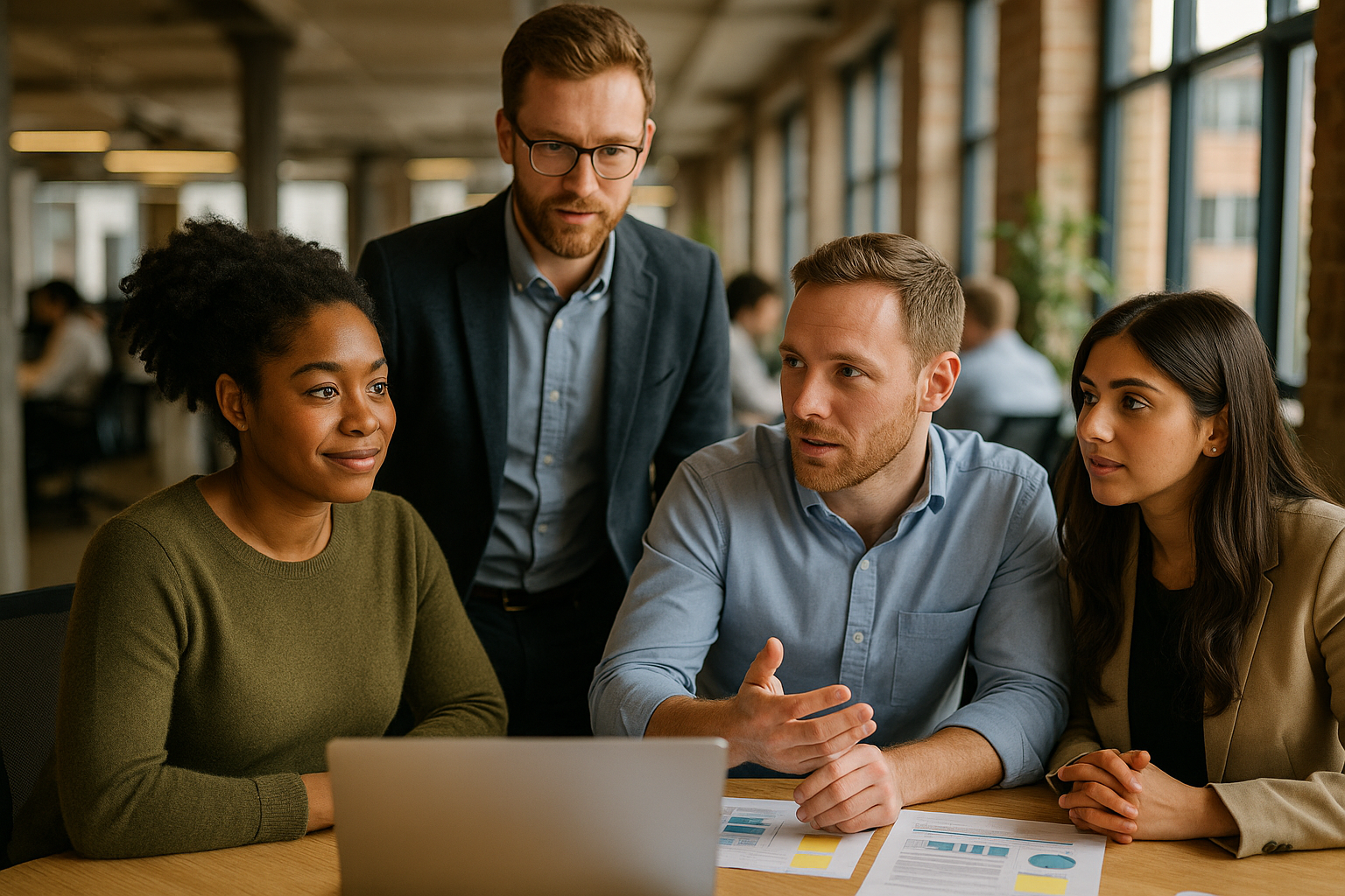 British professionals in a modern office discussing Agile methodology UK