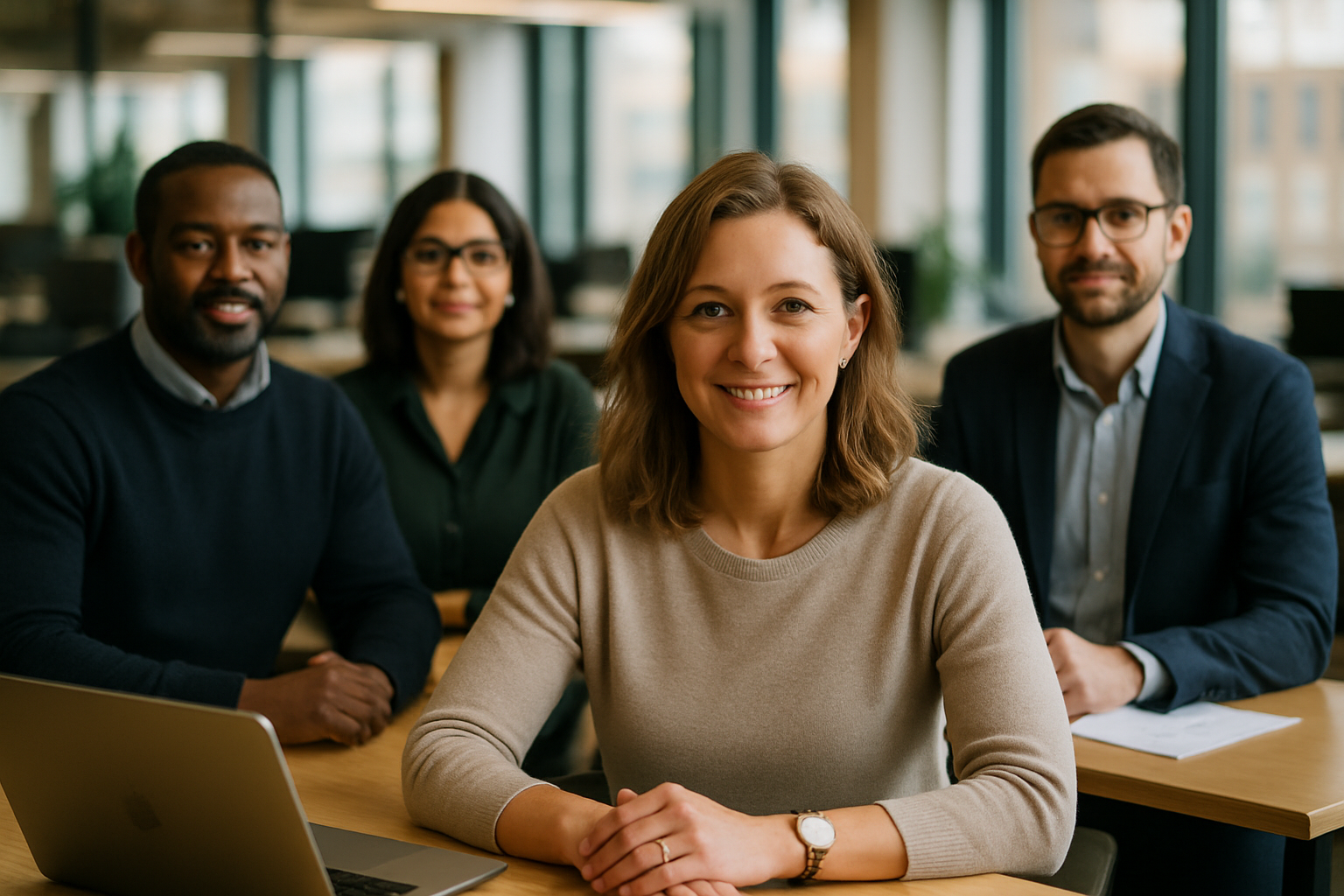 British professionals in a modern office discussing CIMA qualification UK
