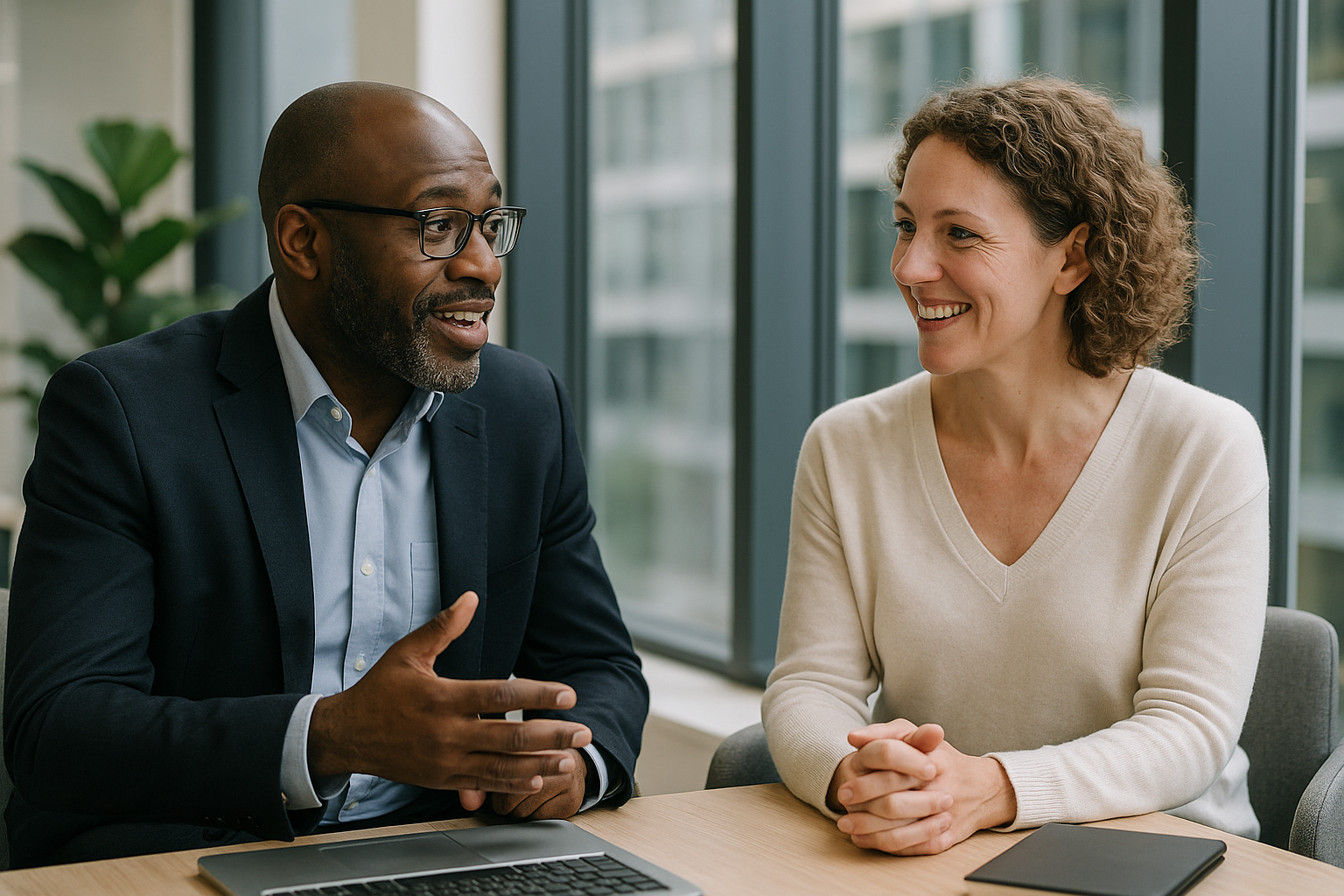 Two UK professionals discussing career next steps for CIMA qualification UK
