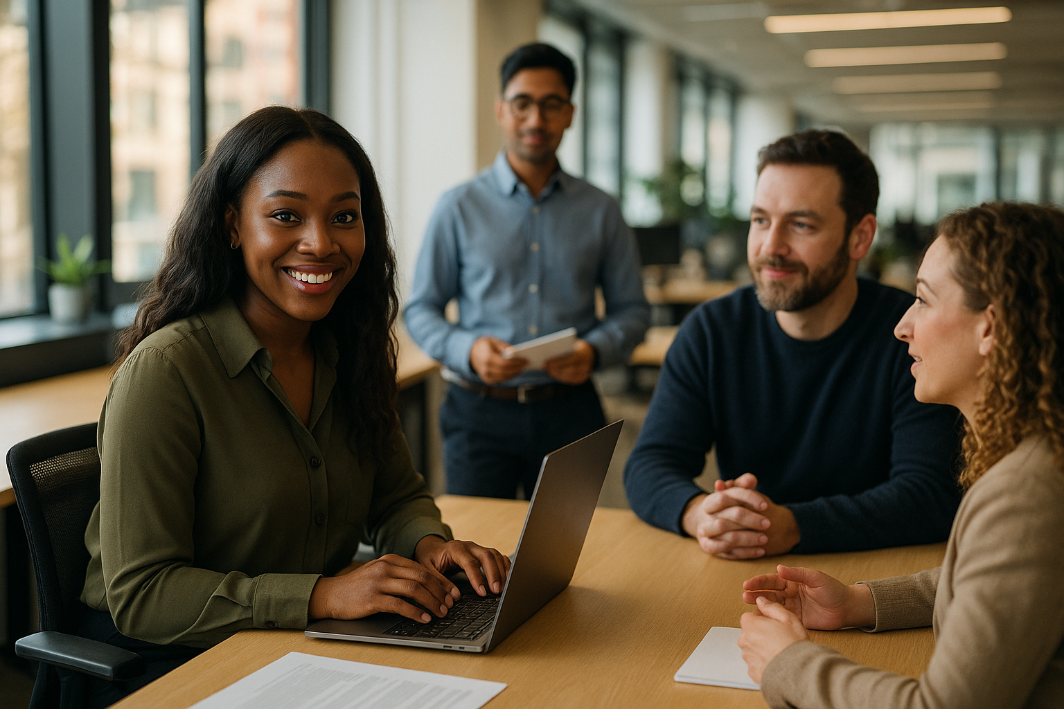 British professionals in a modern office discussing corporate communications UK