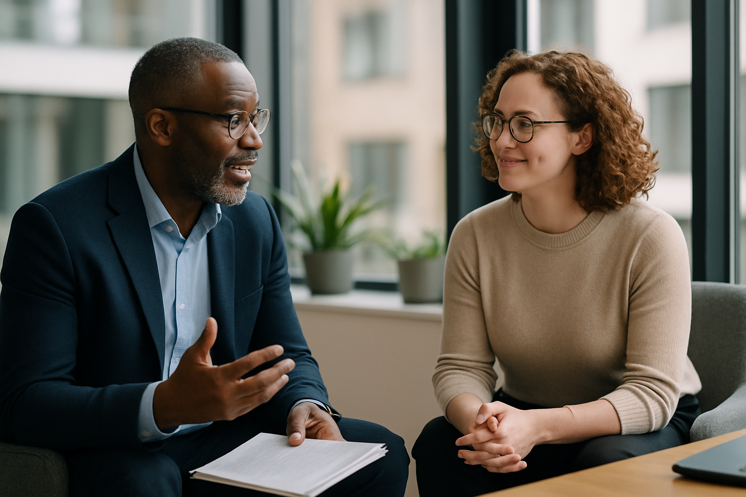 Two UK professionals discussing career next steps for corporate communications UK