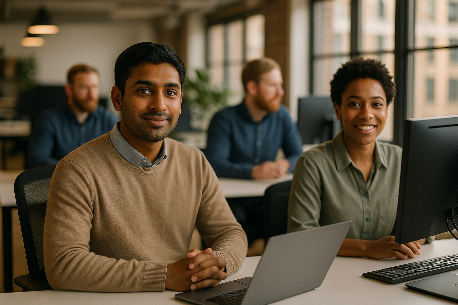 British professionals in a modern office discussing demand planner UK