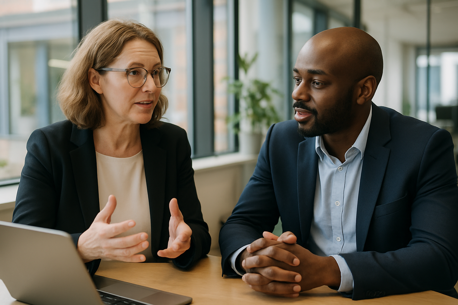 Two UK professionals discussing career next steps for demand planner UK
