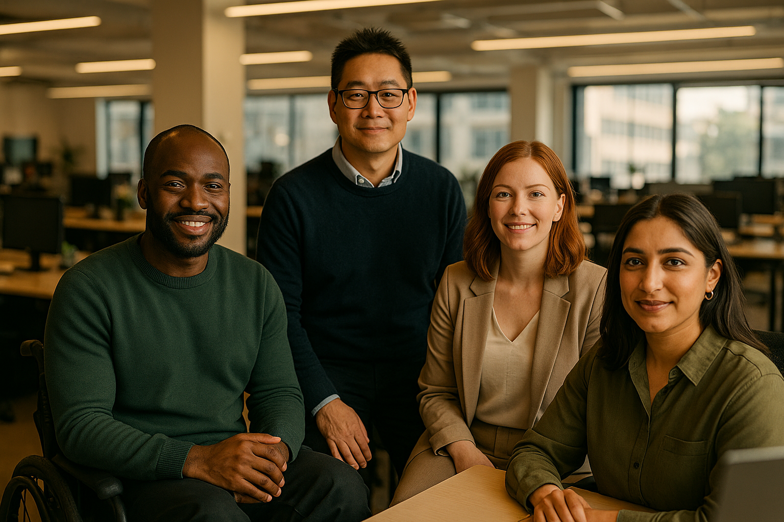 British professionals in a modern office discussing Disability Confident UK