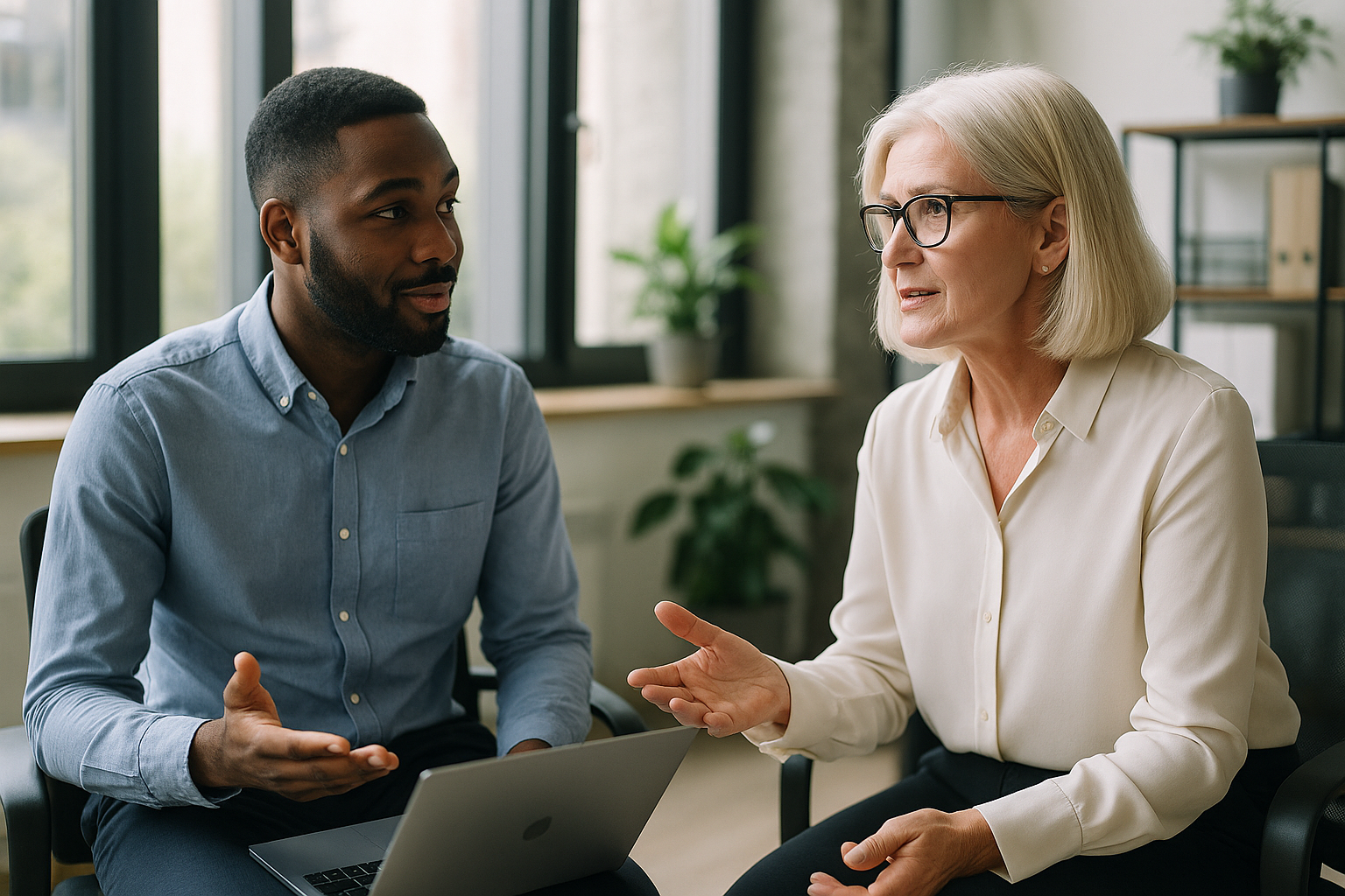 Two UK professionals discussing career next steps for Disability Confident UK