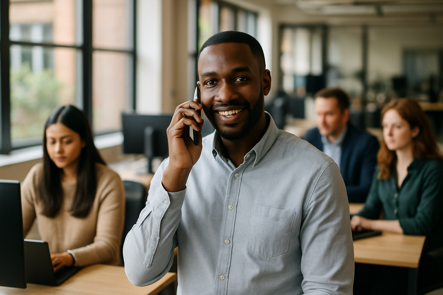 British professionals in a modern office discussing field sales executive UK