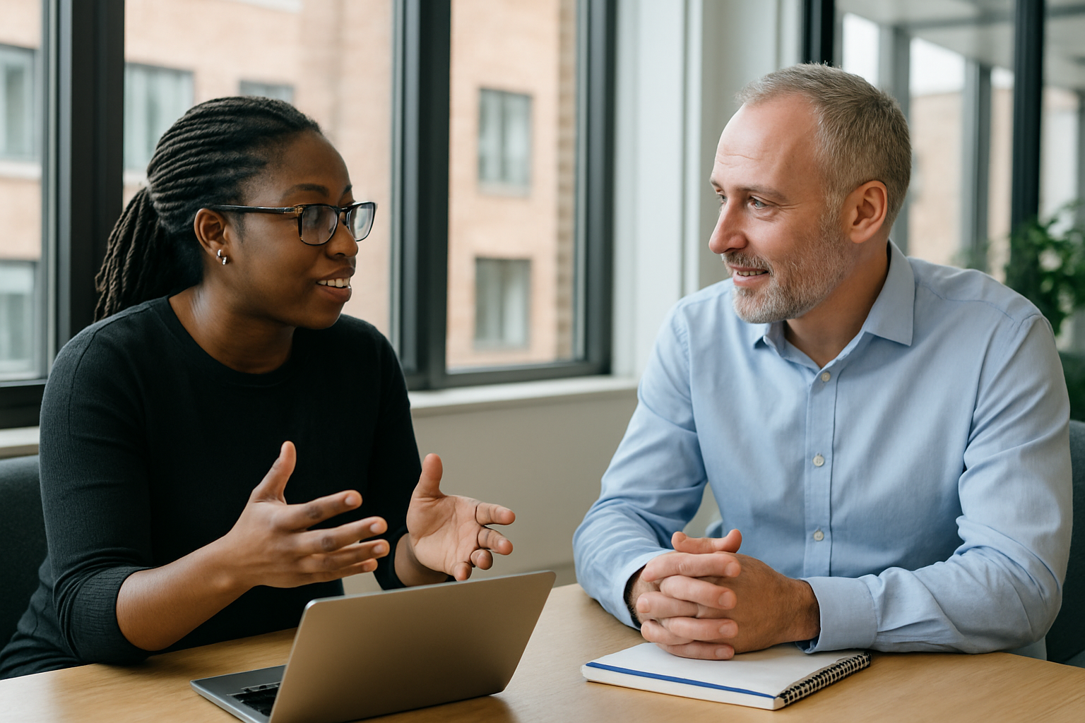 Two UK professionals discussing career next steps for grant writer UK