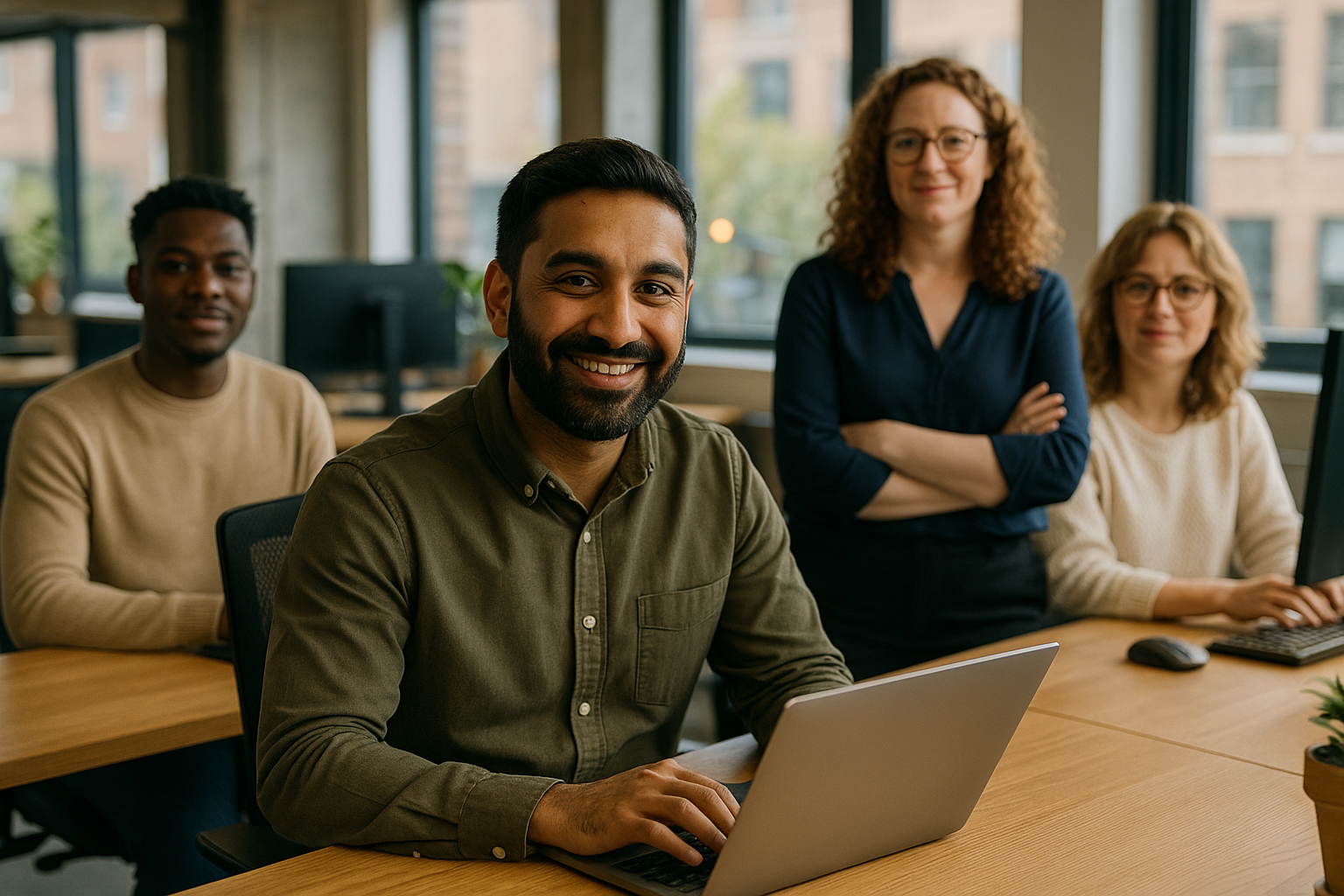 British professionals in a modern office discussing growth marketing UK