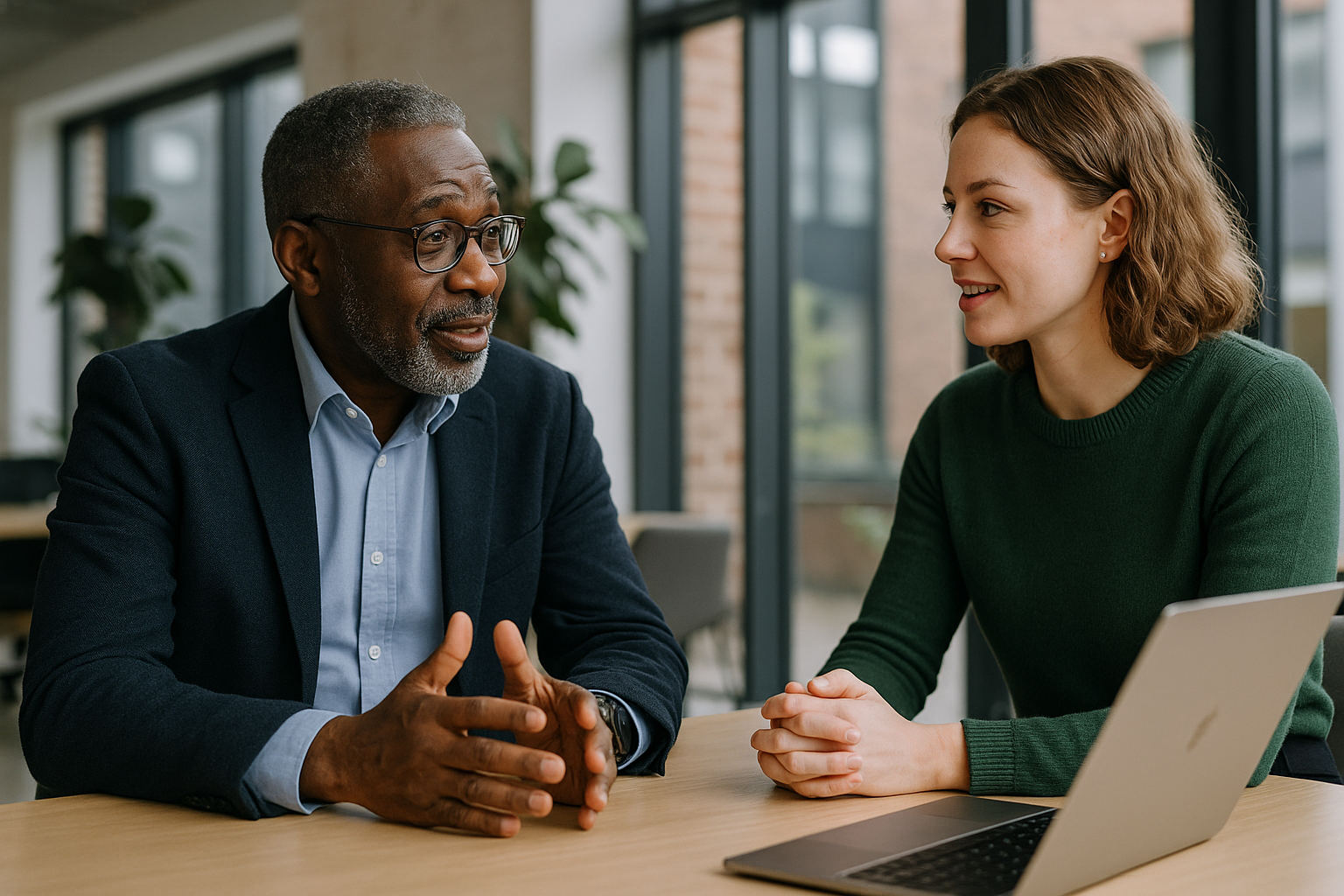Two UK professionals discussing career next steps for growth marketing UK