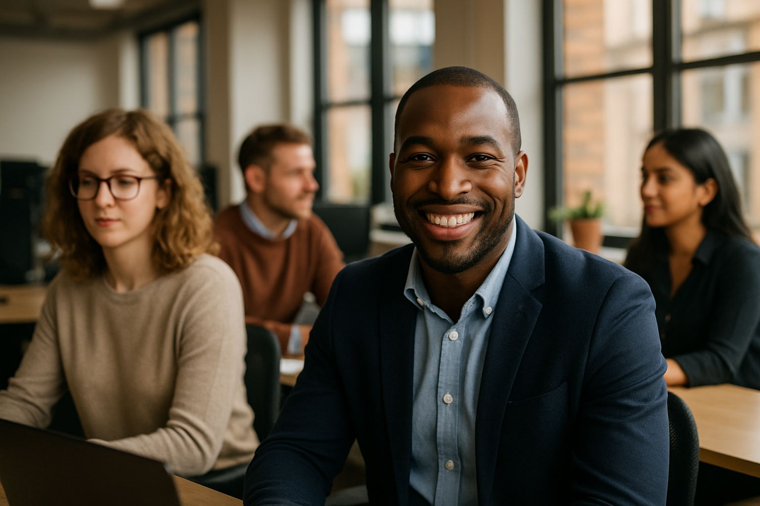 British professionals in a modern office discussing Key account manager UK