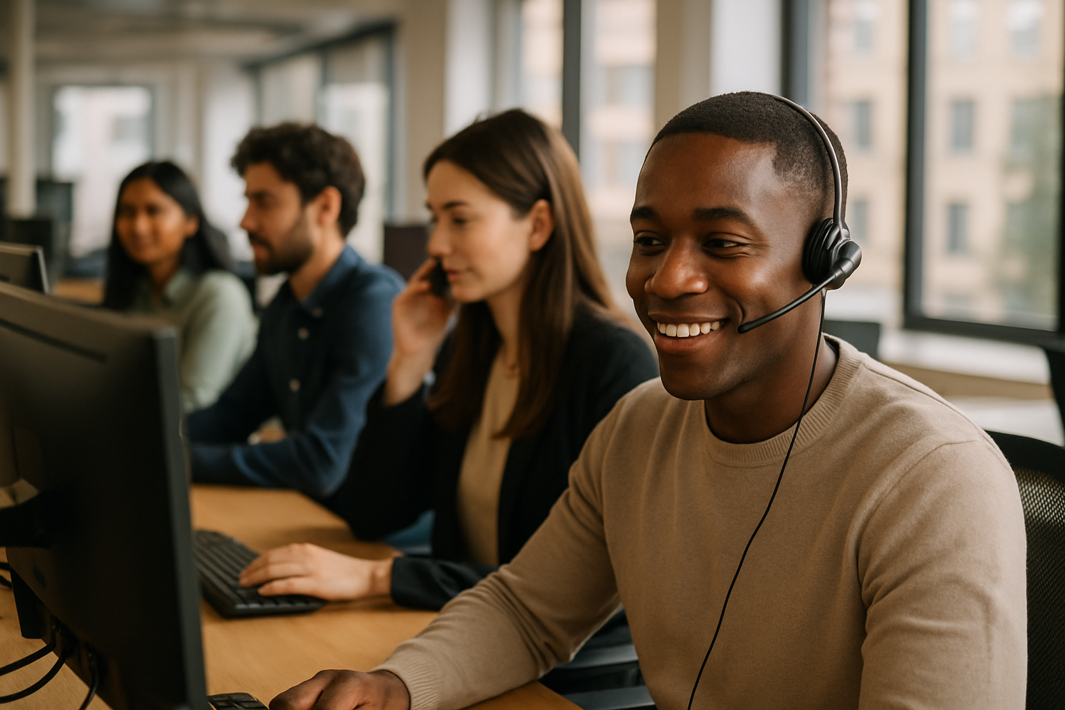 British professionals in a modern office discussing Sales Development Rep UK