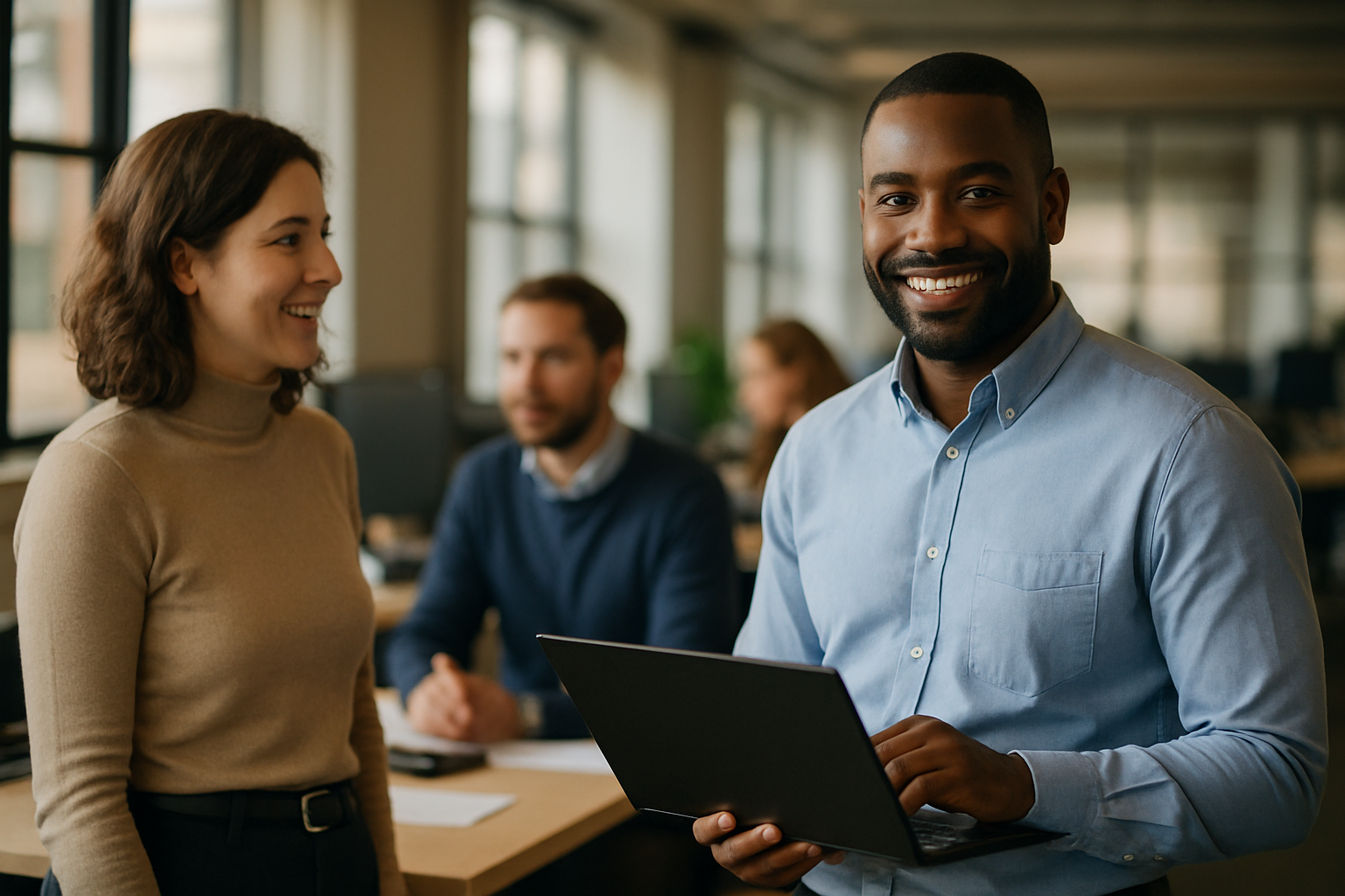 British professionals in a modern office discussing Technical sales UK