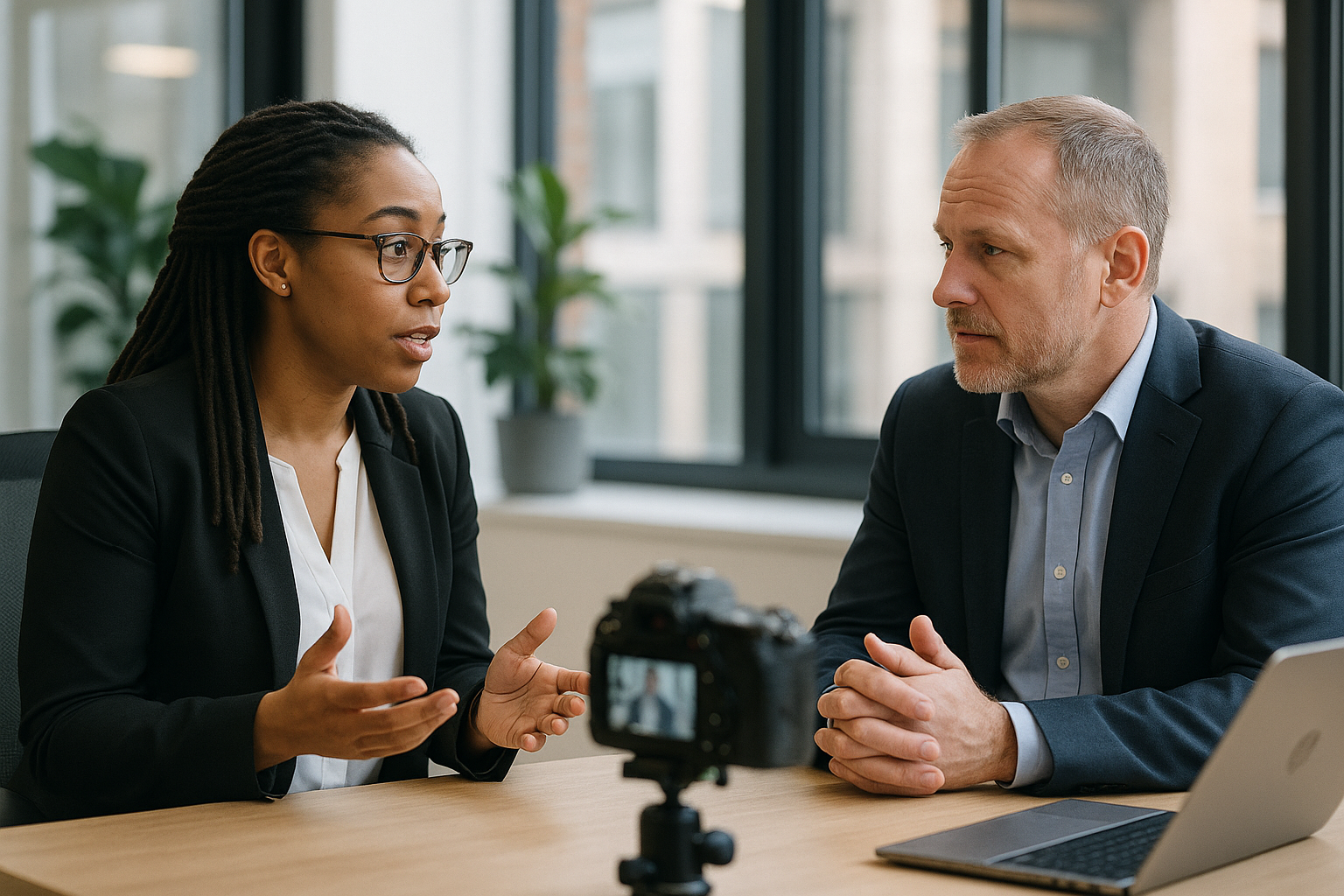 Two UK professionals discussing career next steps for Technical sales UK