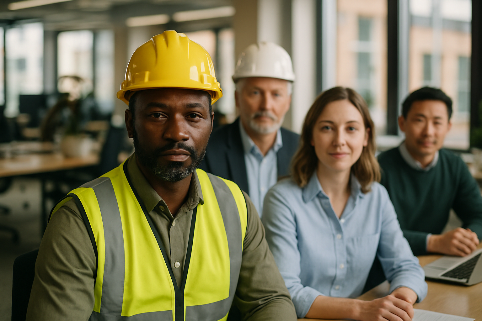 British professionals in a modern office discussing Health and safety construction UK