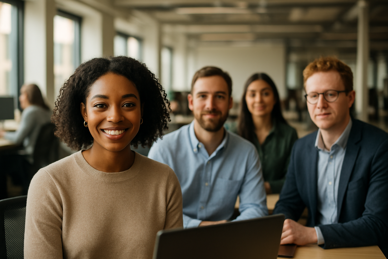 British professionals in a modern office discussing Internship UK