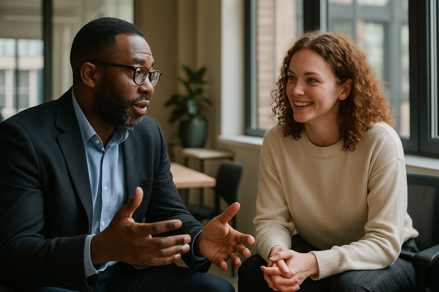 Two UK professionals discussing career next steps for Internship UK