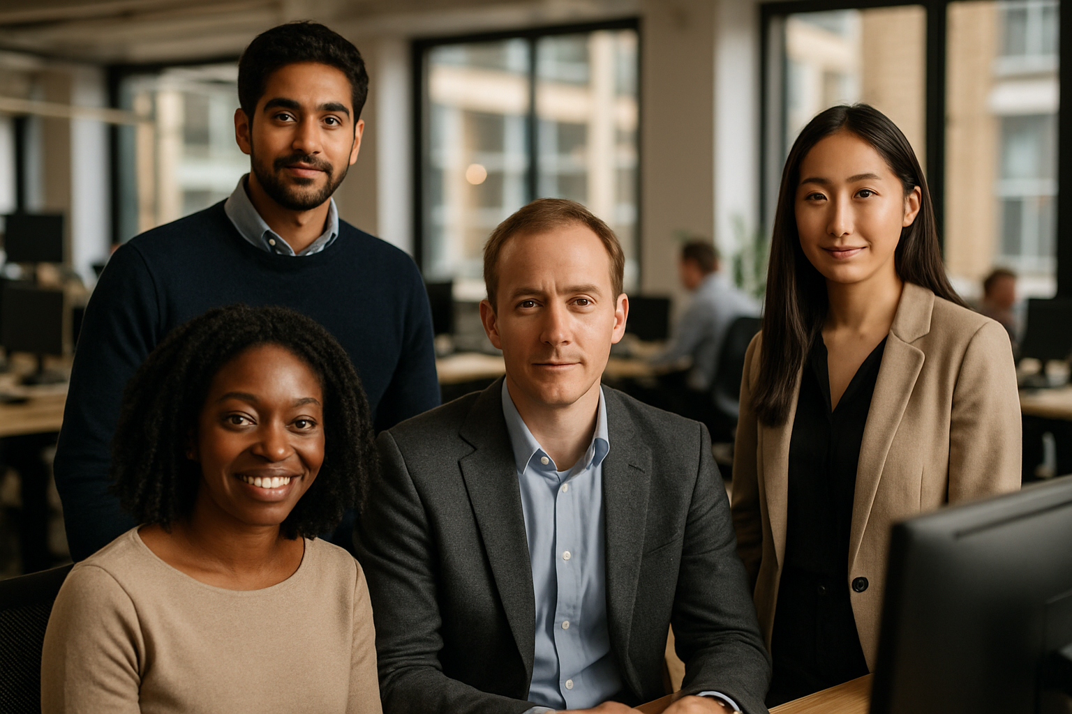 British professionals in a modern office discussing UK visa appeal process