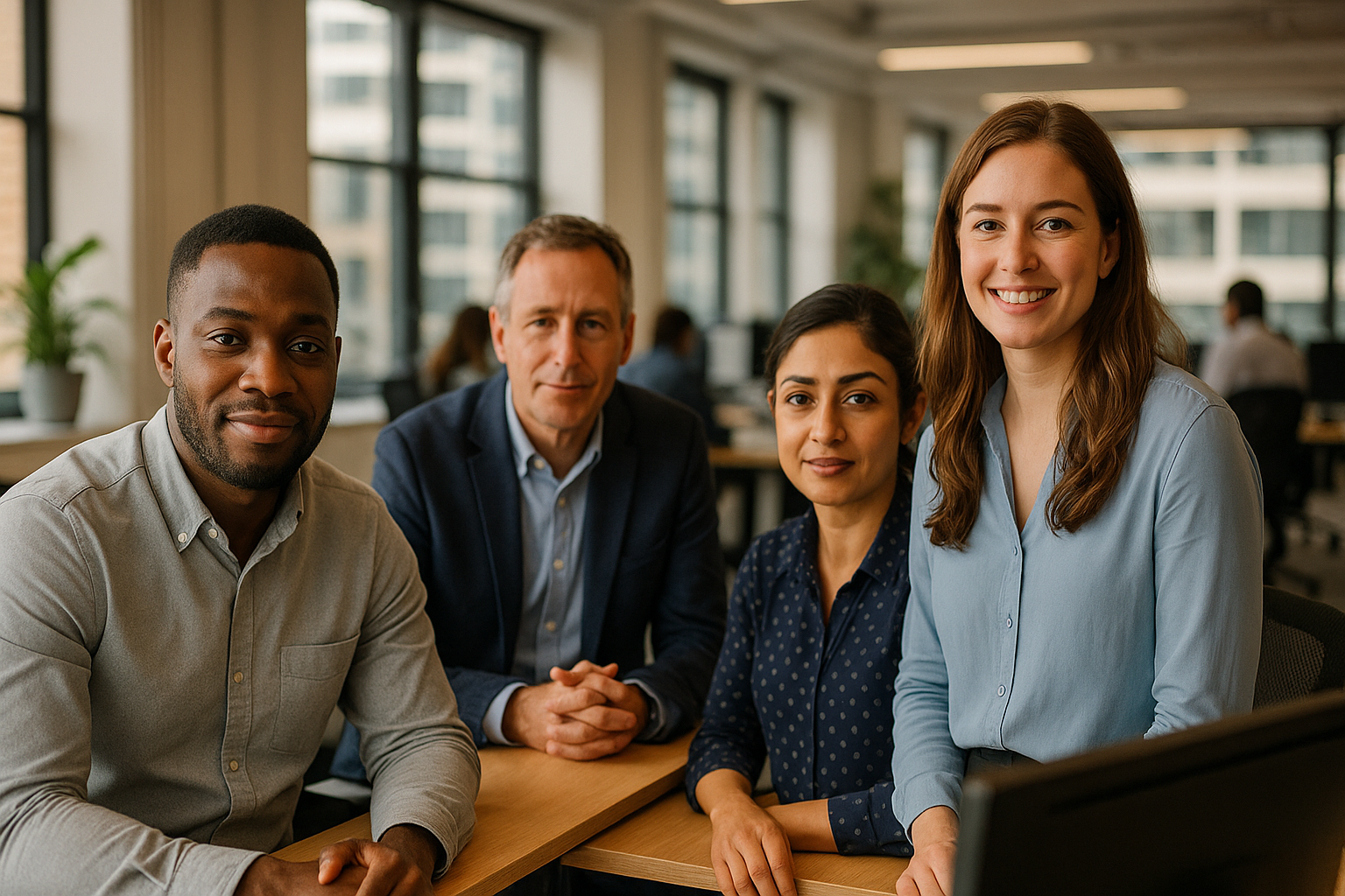 British professionals in a modern office discussing Verbal reasoning UK