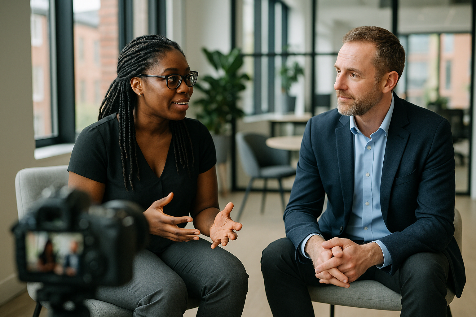 Two UK professionals discussing career next steps for Verbal reasoning UK