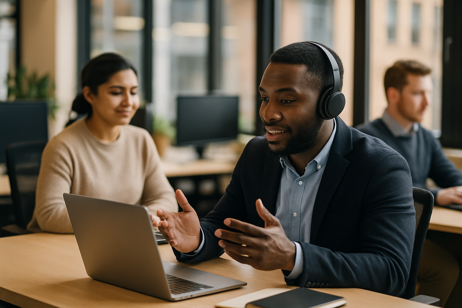 British professionals in a modern office discussing virtual teams management UK