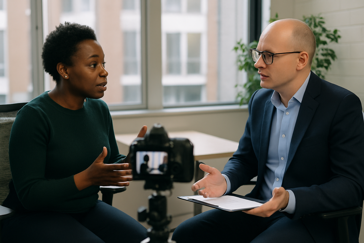 Two UK professionals discussing career next steps for virtual teams management UK