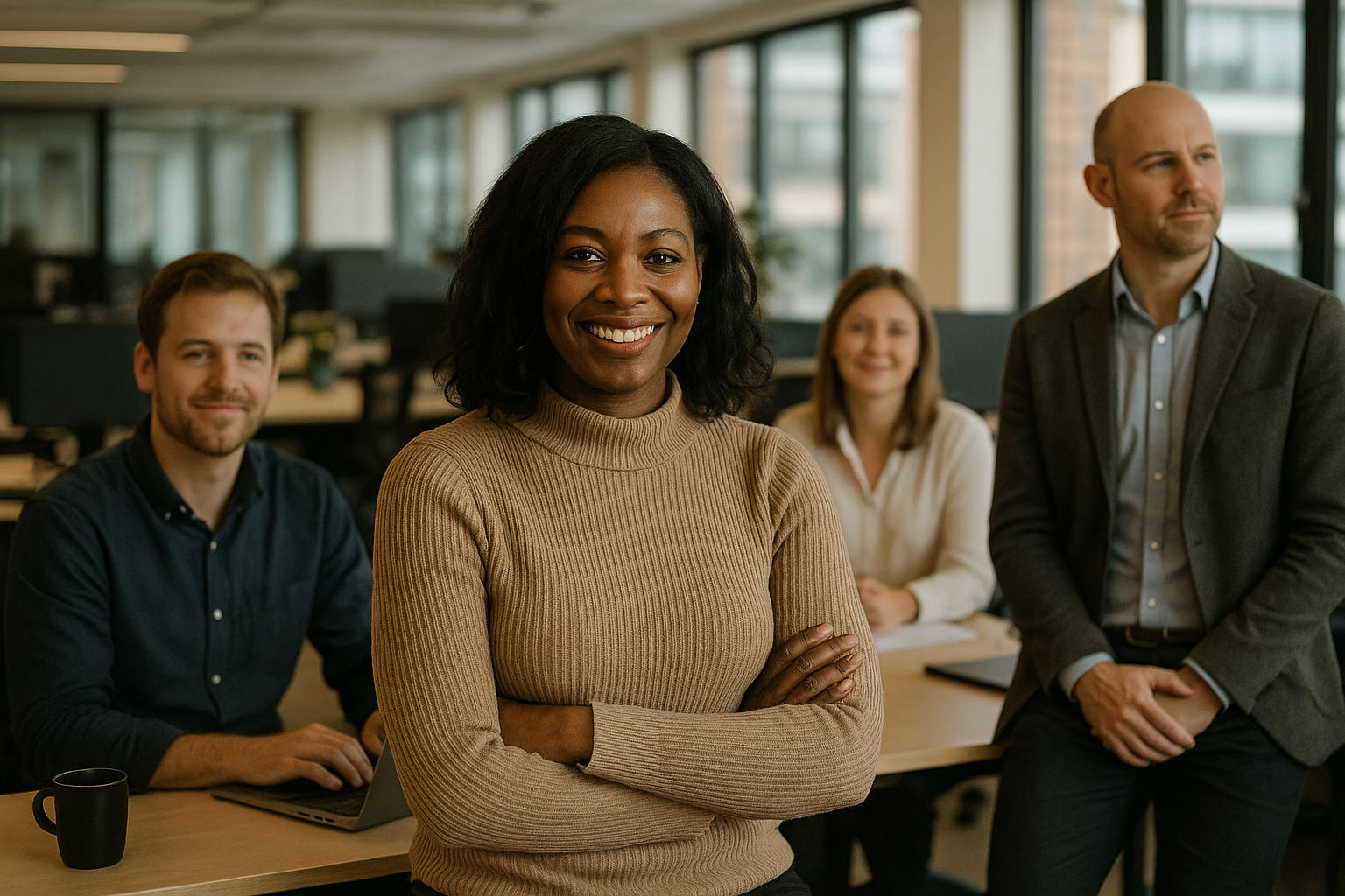 British professionals in a modern office discussing work life balance UK