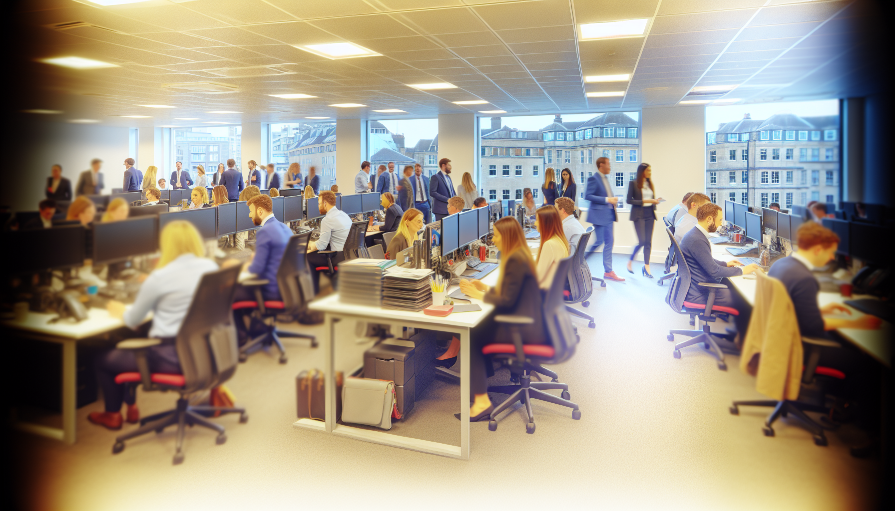 Diverse professionals discussing projects in an open-plan UK office