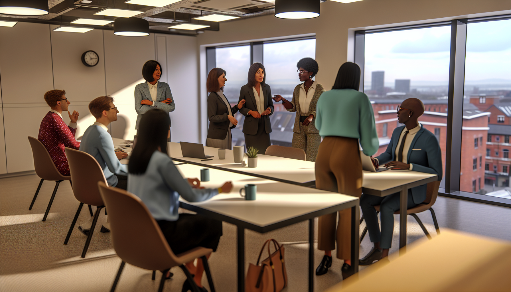 Professionals discussing maternity leave in a modern UK office.