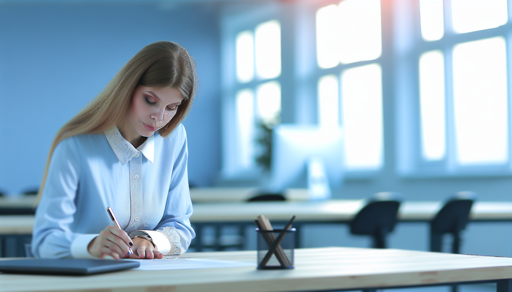 Professional reviewing maternity rights documents at desk.