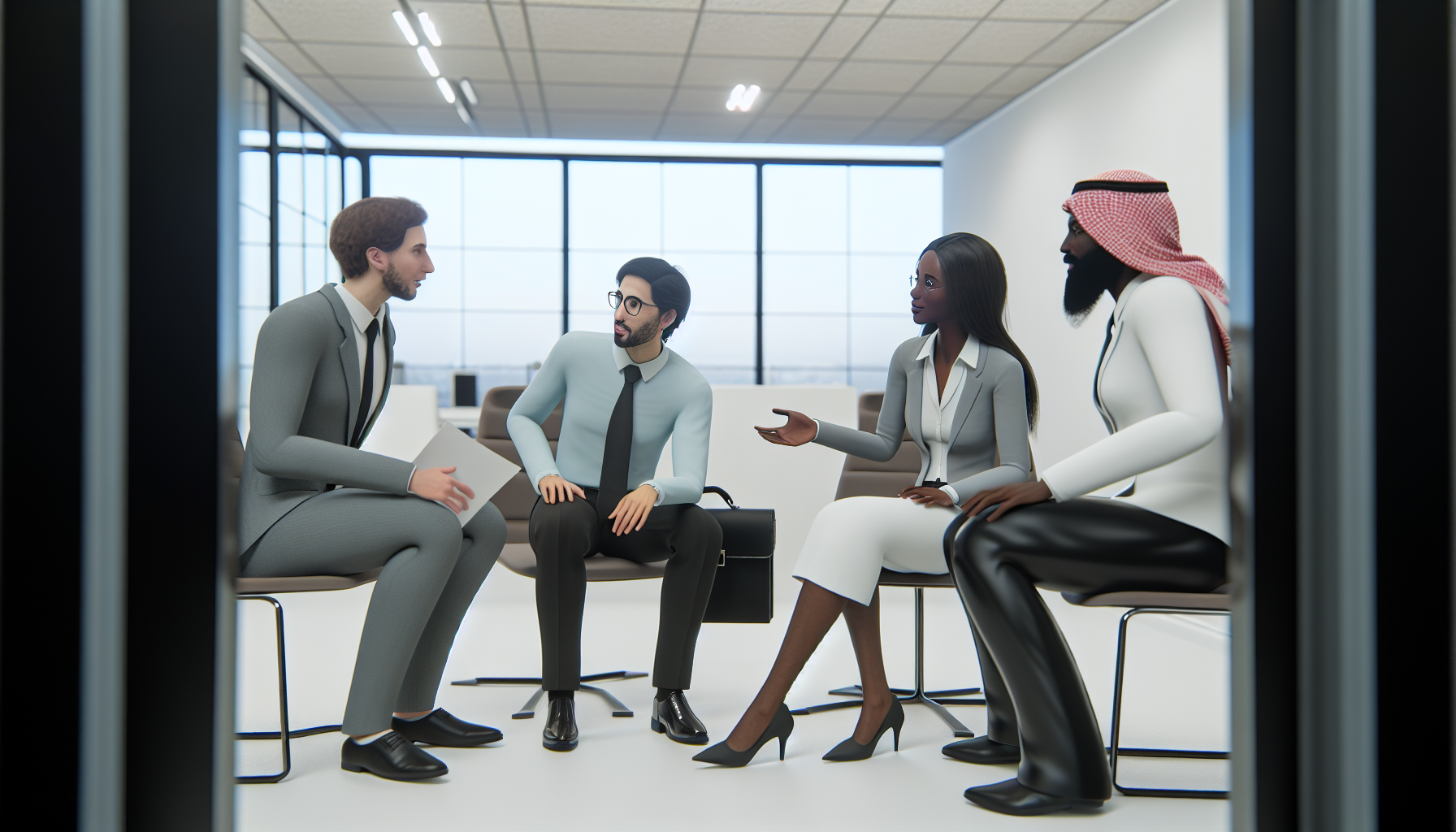 Diverse team discussing maternity leave options in office.
