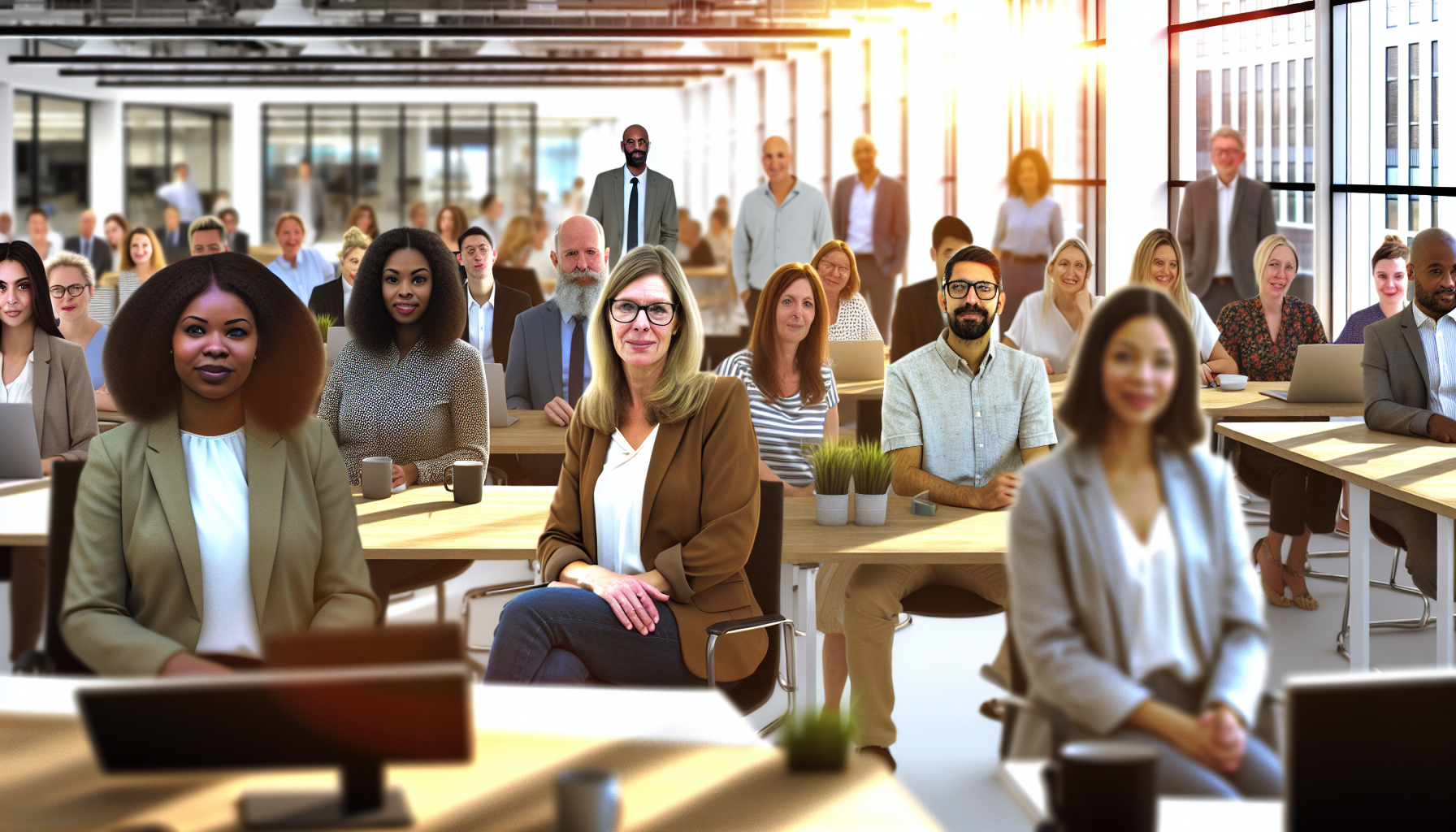 Diverse professionals in a UK office discussing maternity pay.