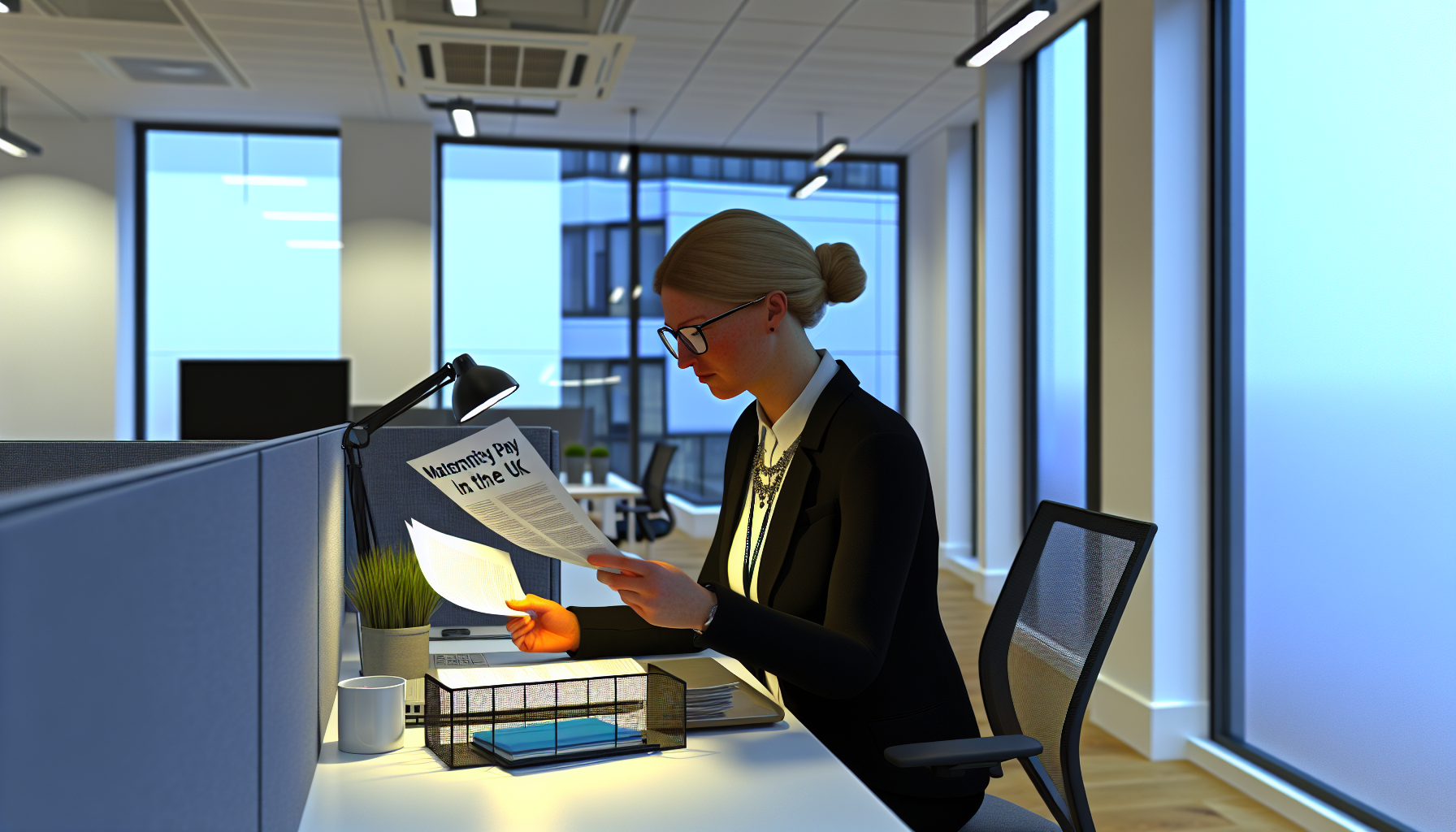 Professional reviewing maternity pay documents at a desk.