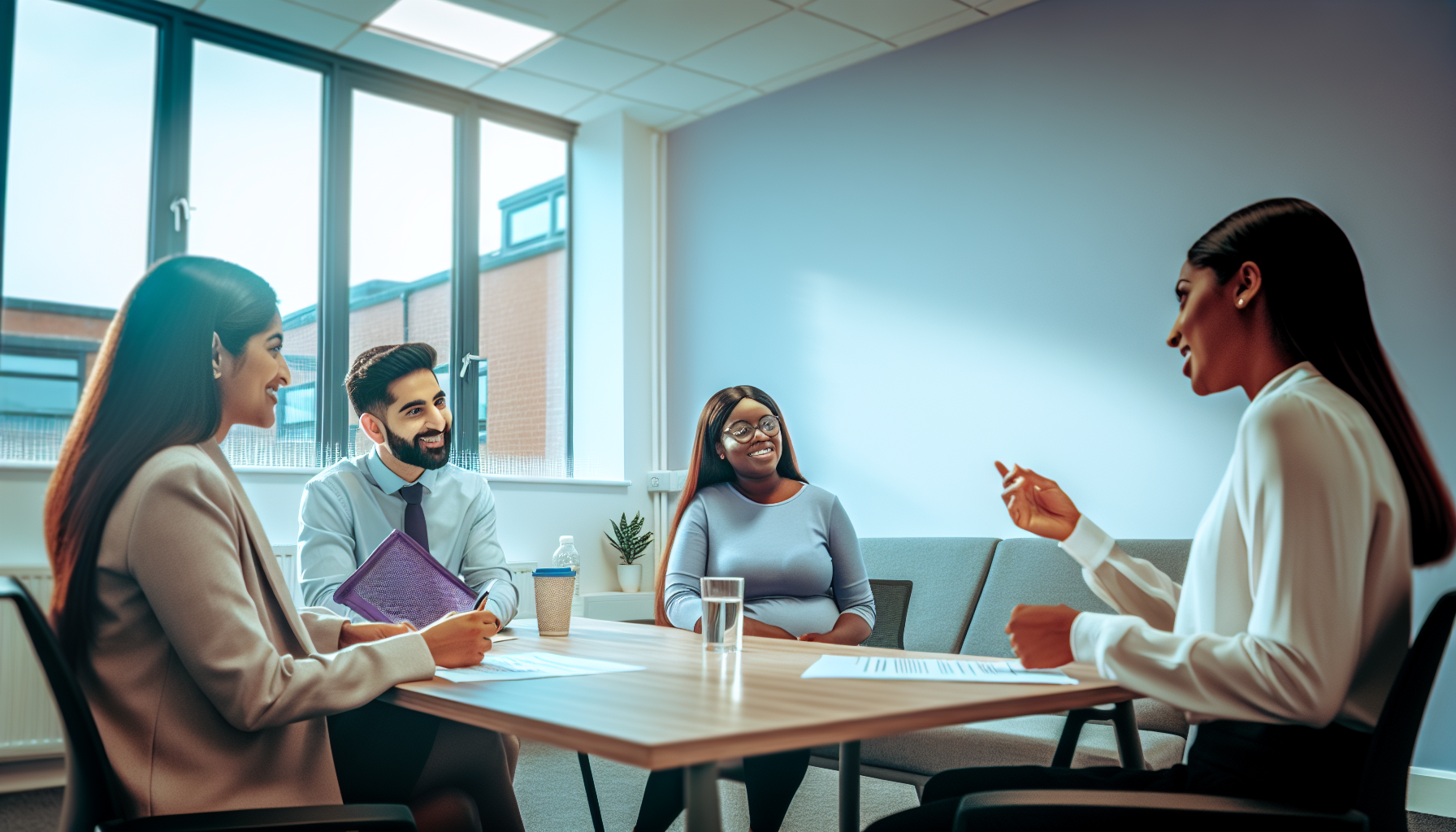 Collaborative team discussion on maternity pay strategies.