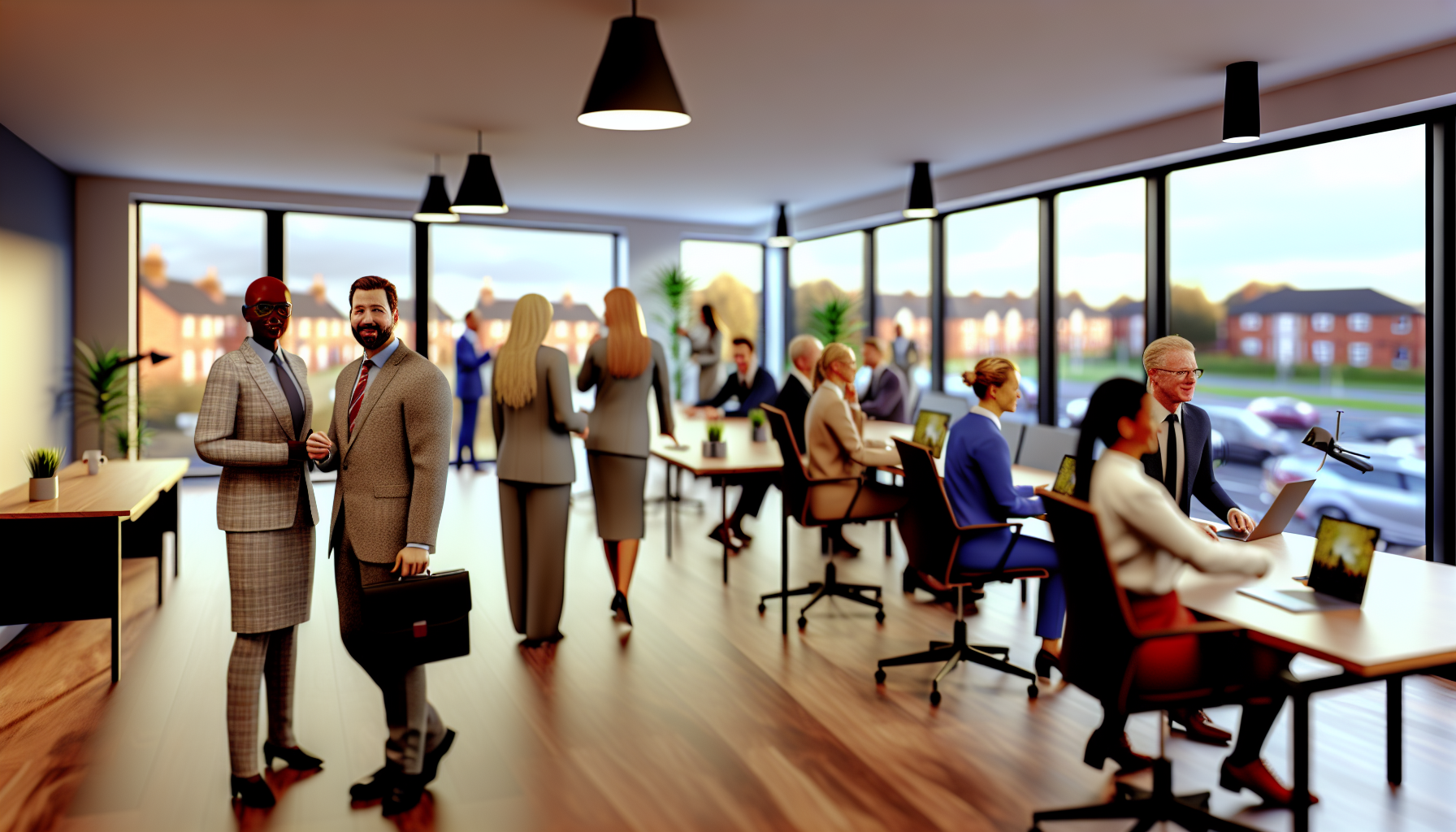 British professionals working in a modern open-plan office