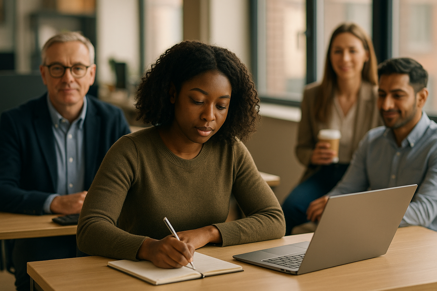 British professionals in a modern office discussing part time study UK