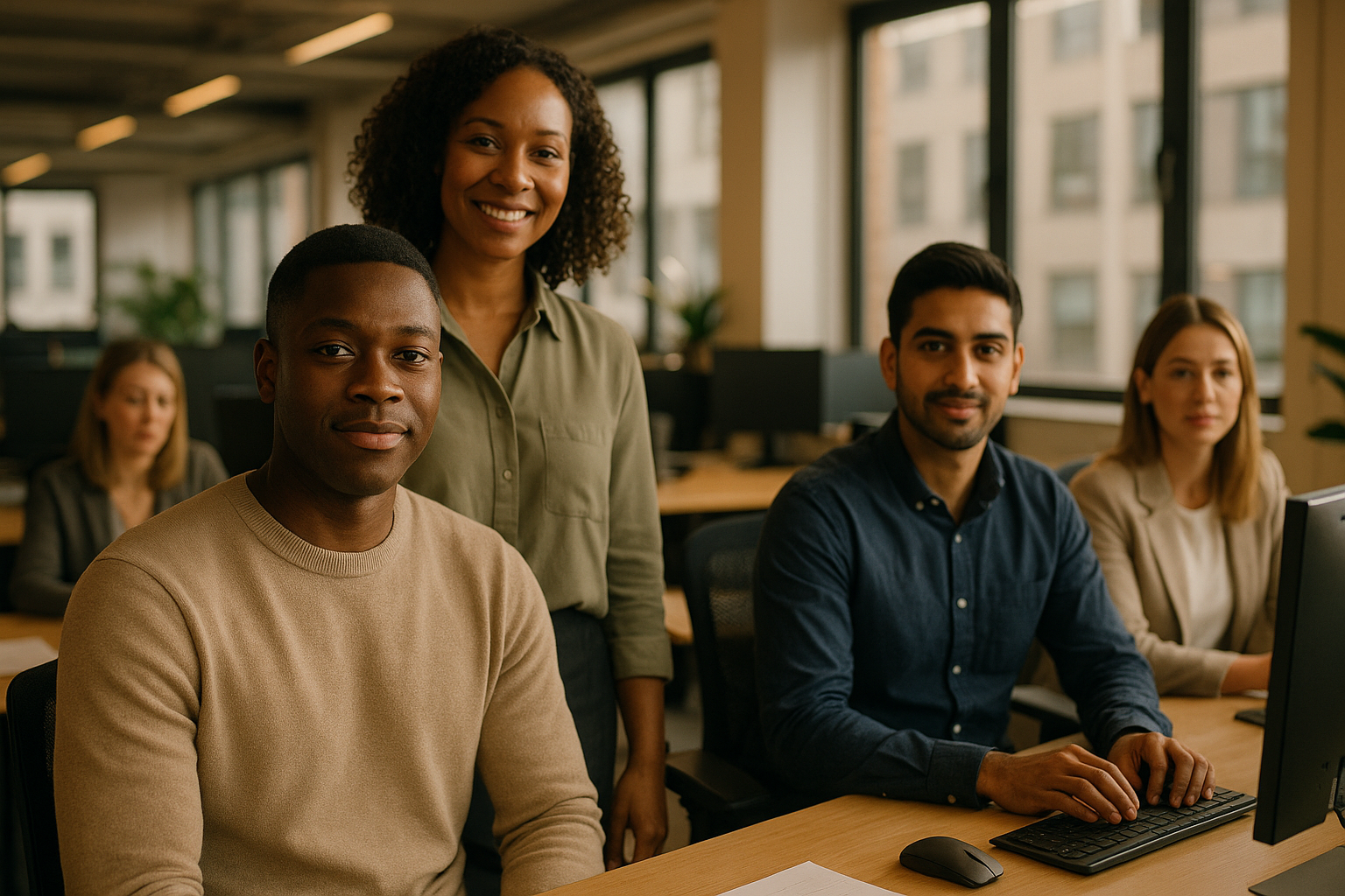 British professionals in a modern office discussing placement year UK