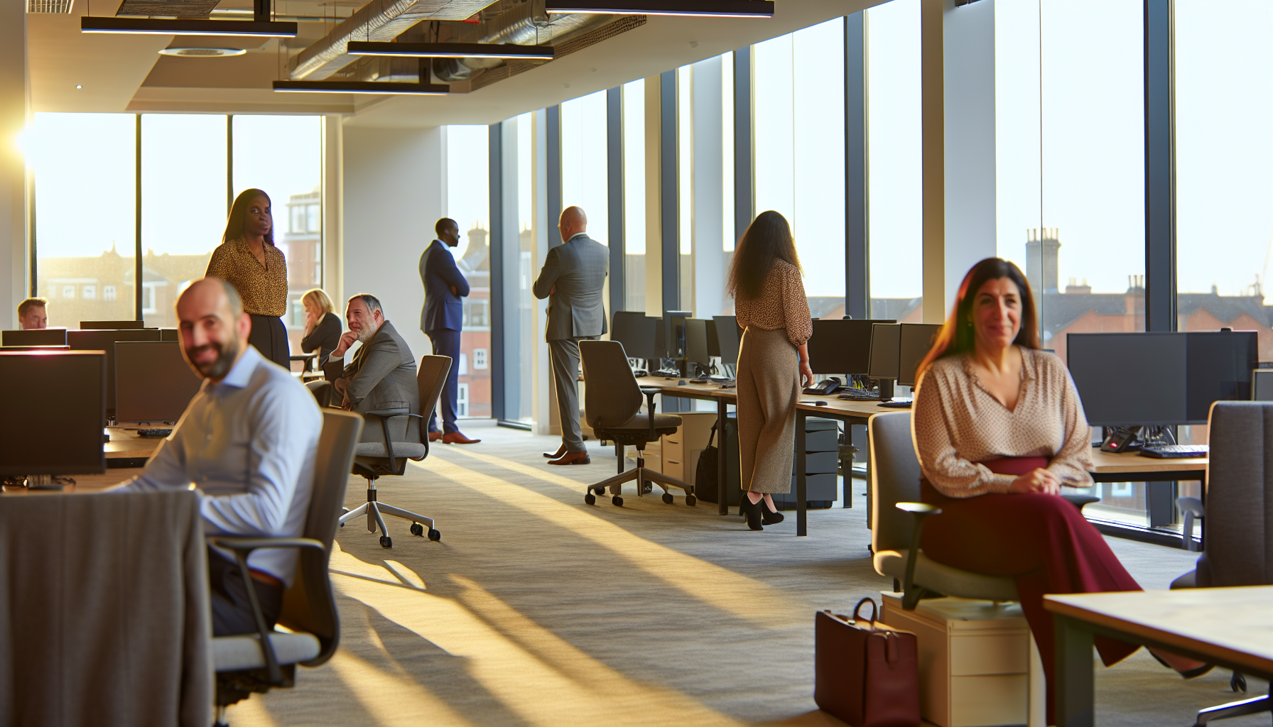 Diverse UK professionals collaborating in open-plan office