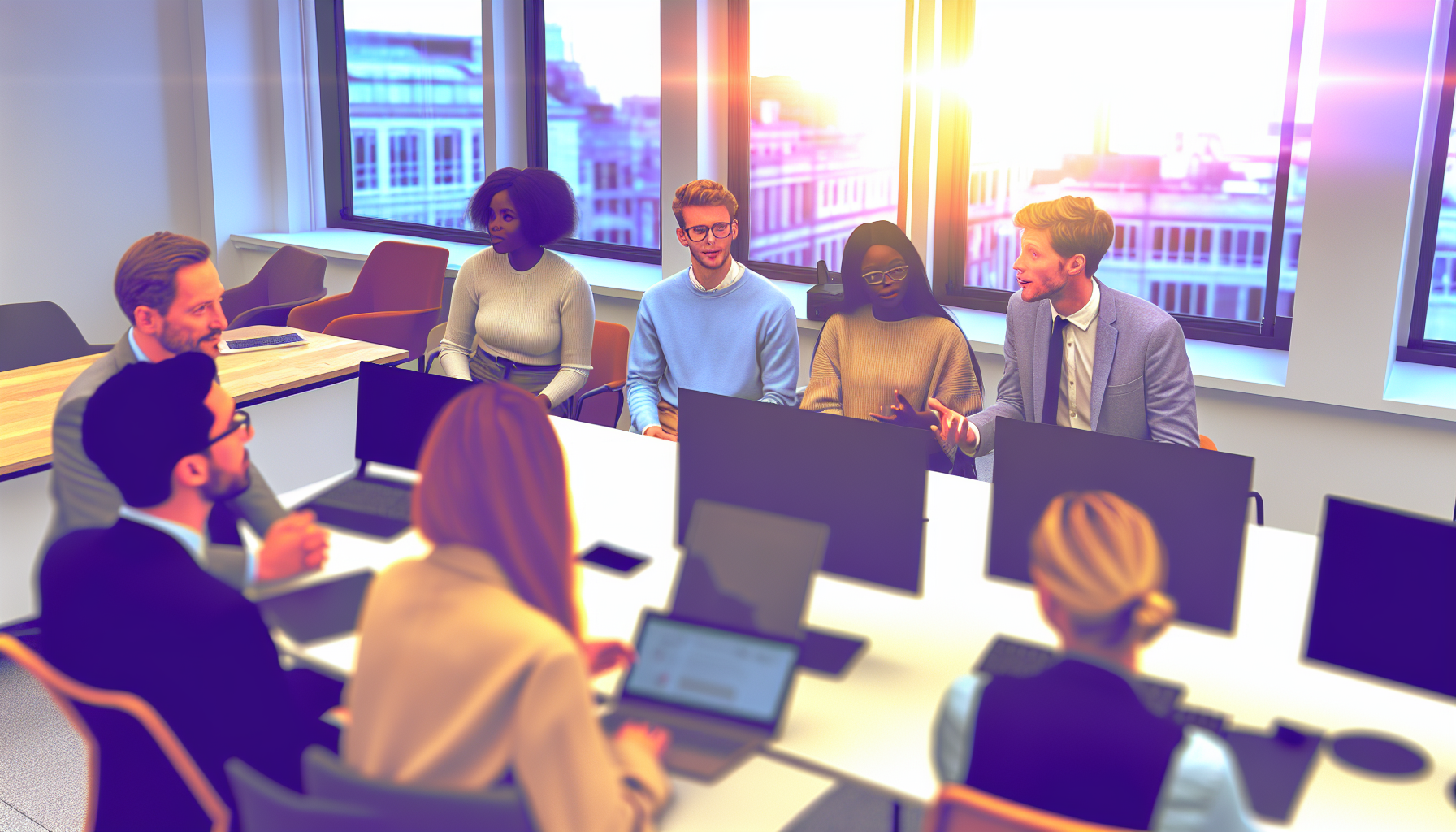 Team meeting with diverse UK professionals in modern office