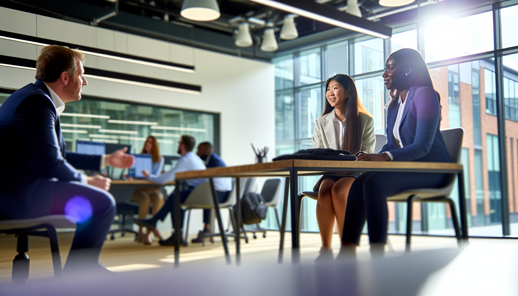 Relaxed discussion among UK professionals in bright office
