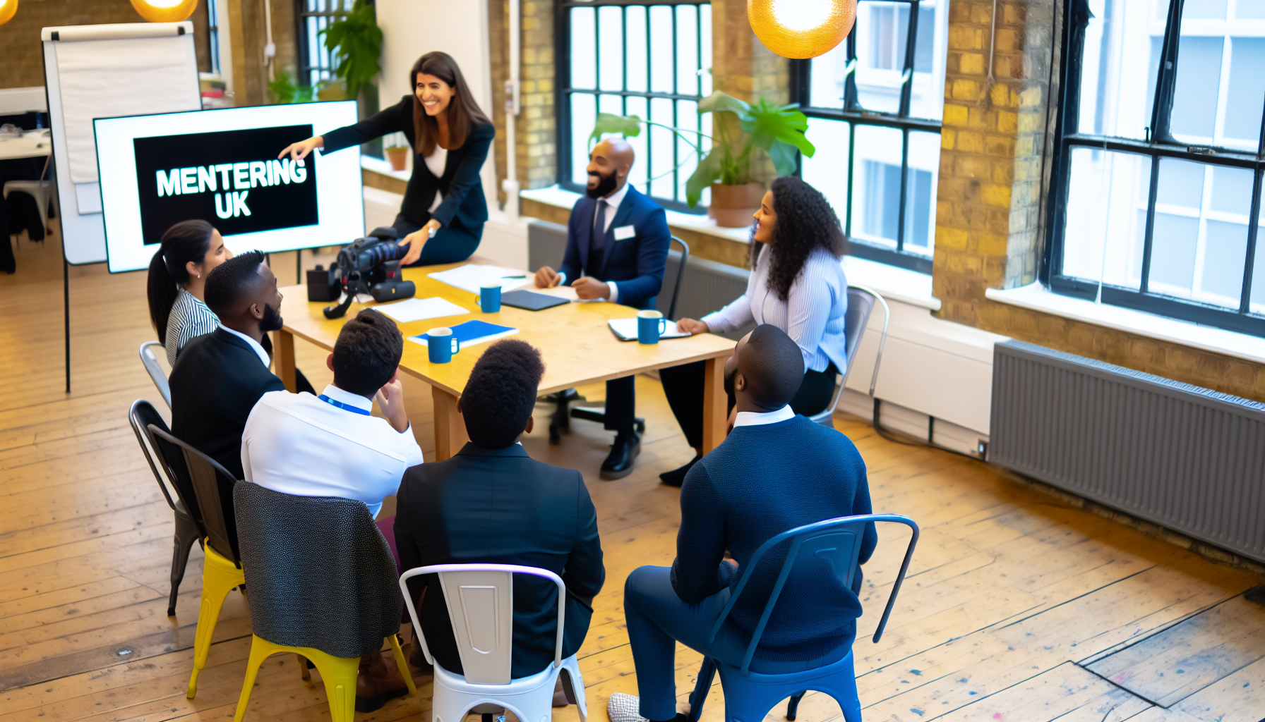 UK workplace team meeting with diverse professionals.