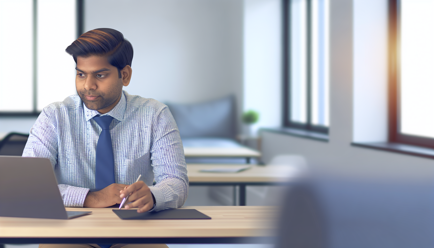 UK professional focused on work at a tidy desk.