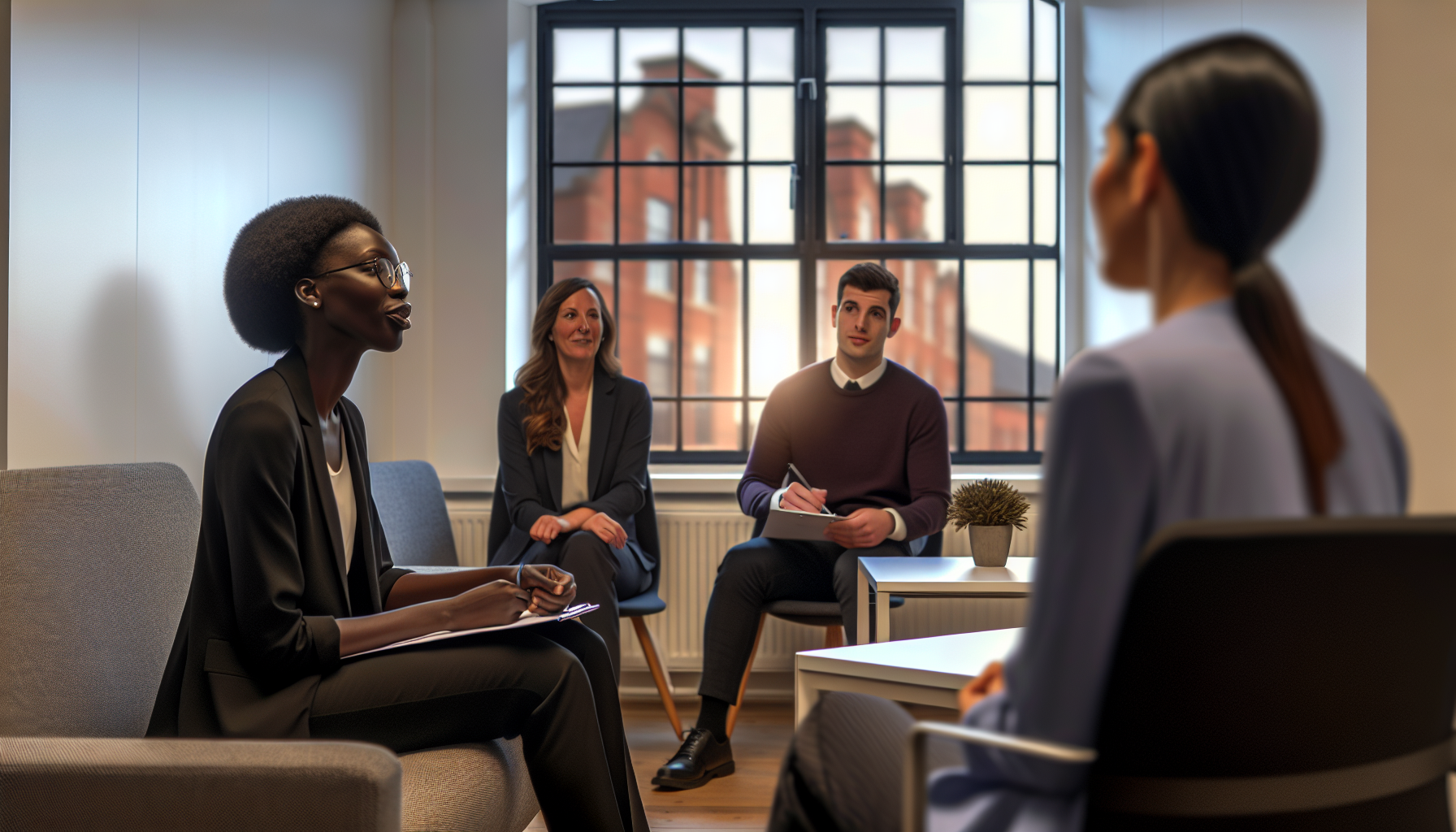Diverse professionals in business casual attire in a modern office